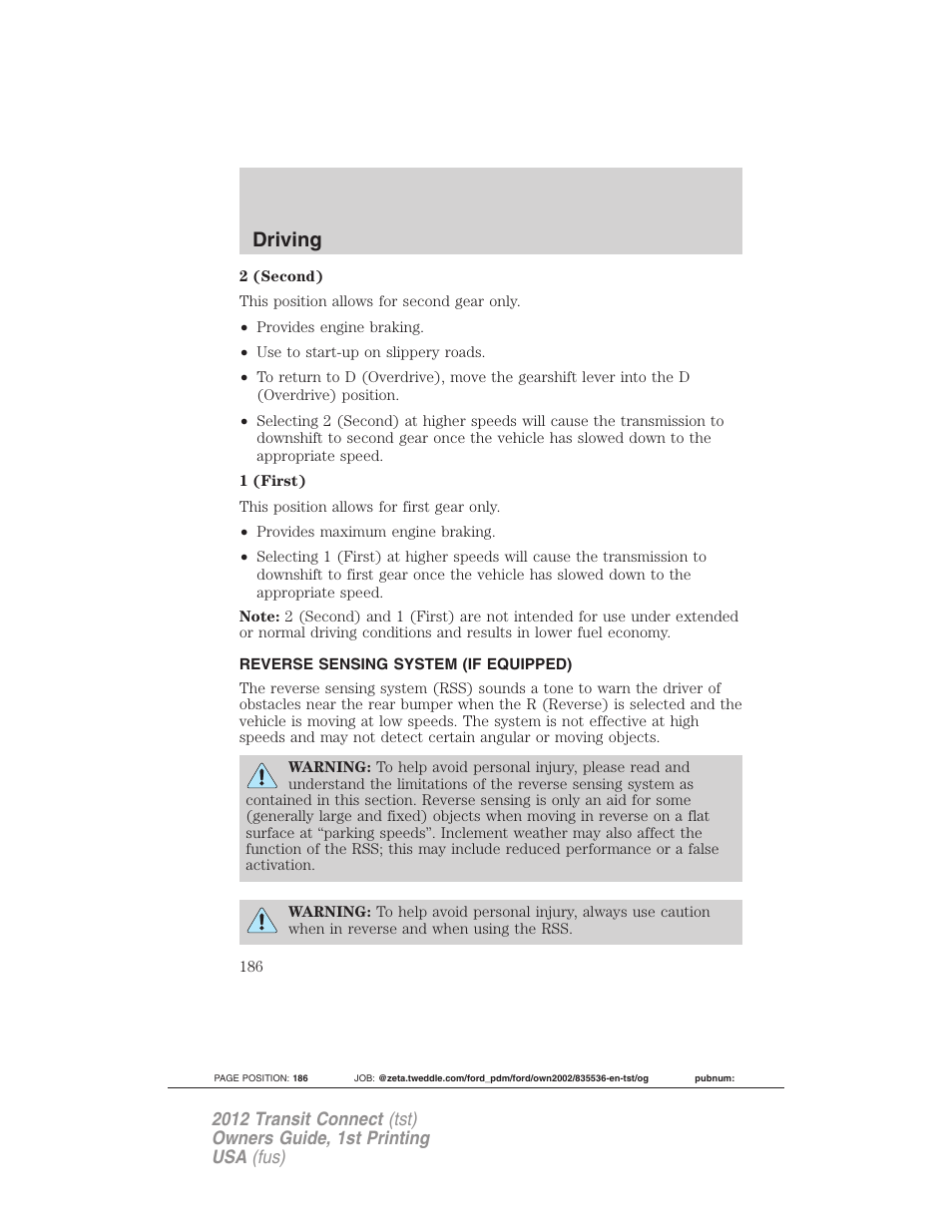 Reverse sensing system (if equipped), Reverse sensing system, Driving | FORD 2012 Transit Connect User Manual | Page 186 / 299