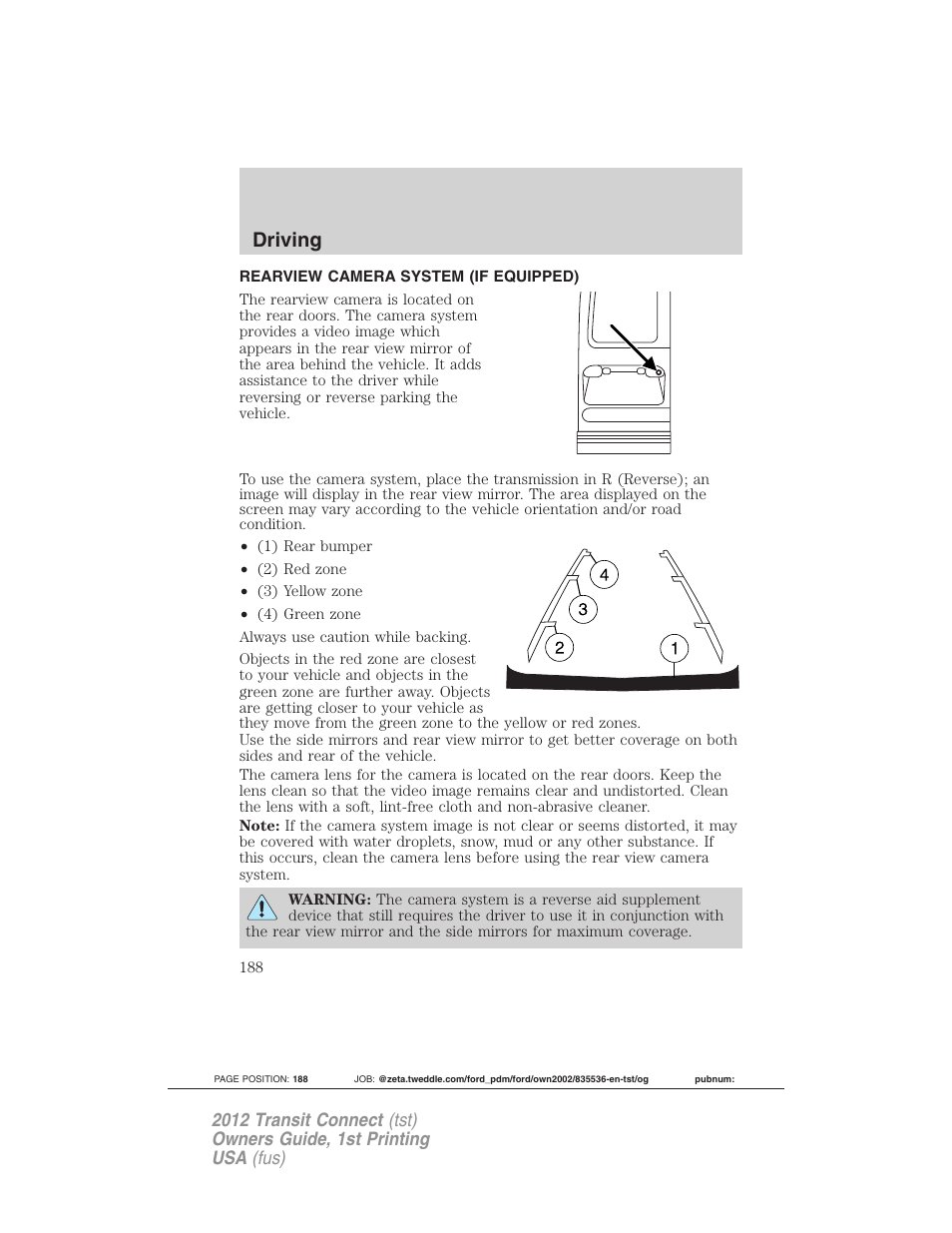 Rearview camera system (if equipped), Rear-view camera system, Driving | FORD 2012 Transit Connect User Manual | Page 188 / 299