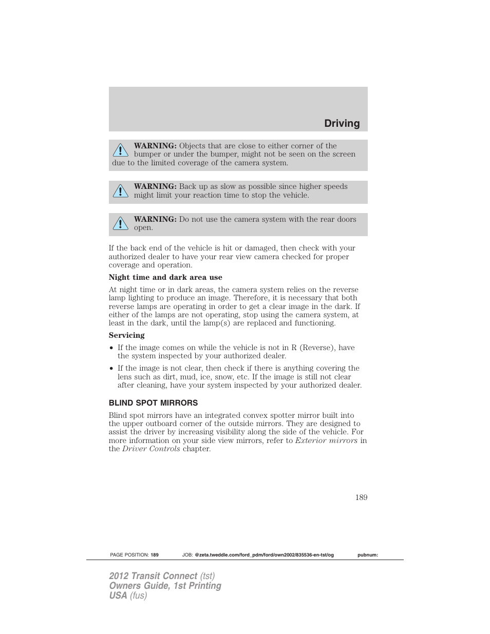 Blind spot mirrors, Driving | FORD 2012 Transit Connect User Manual | Page 189 / 299