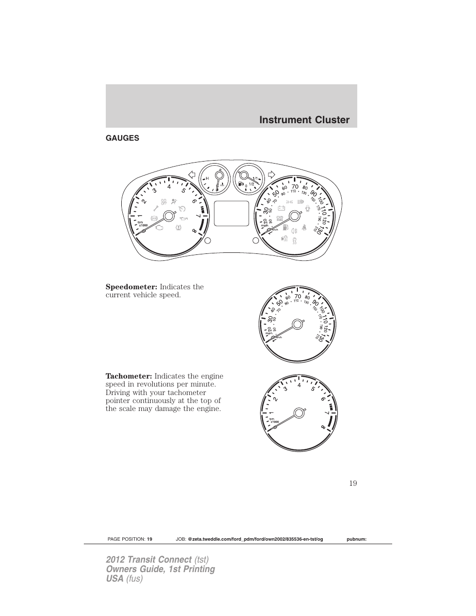 Gauges, Instrument cluster | FORD 2012 Transit Connect User Manual | Page 19 / 299