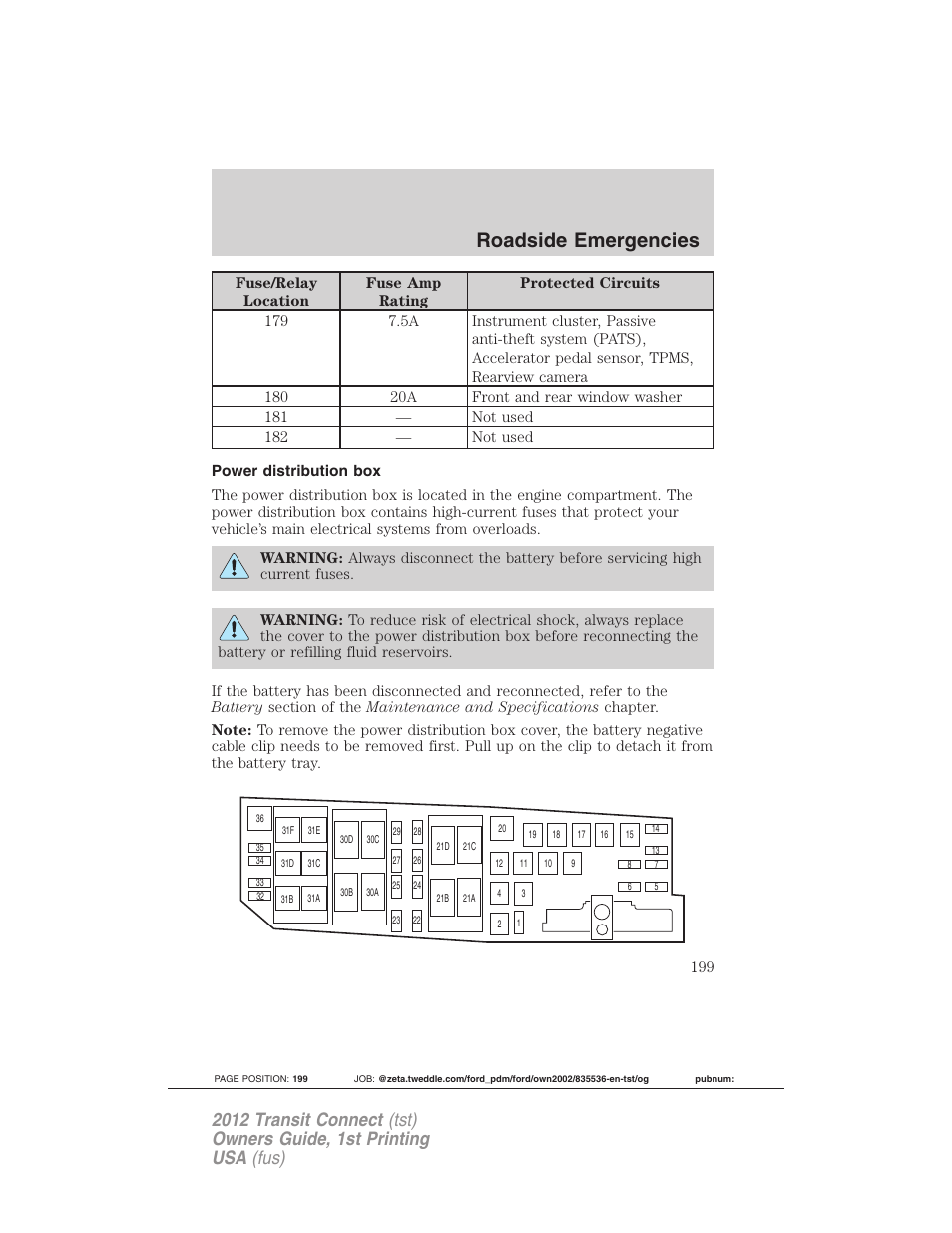 Power distribution box, Roadside emergencies | FORD 2012 Transit Connect User Manual | Page 199 / 299