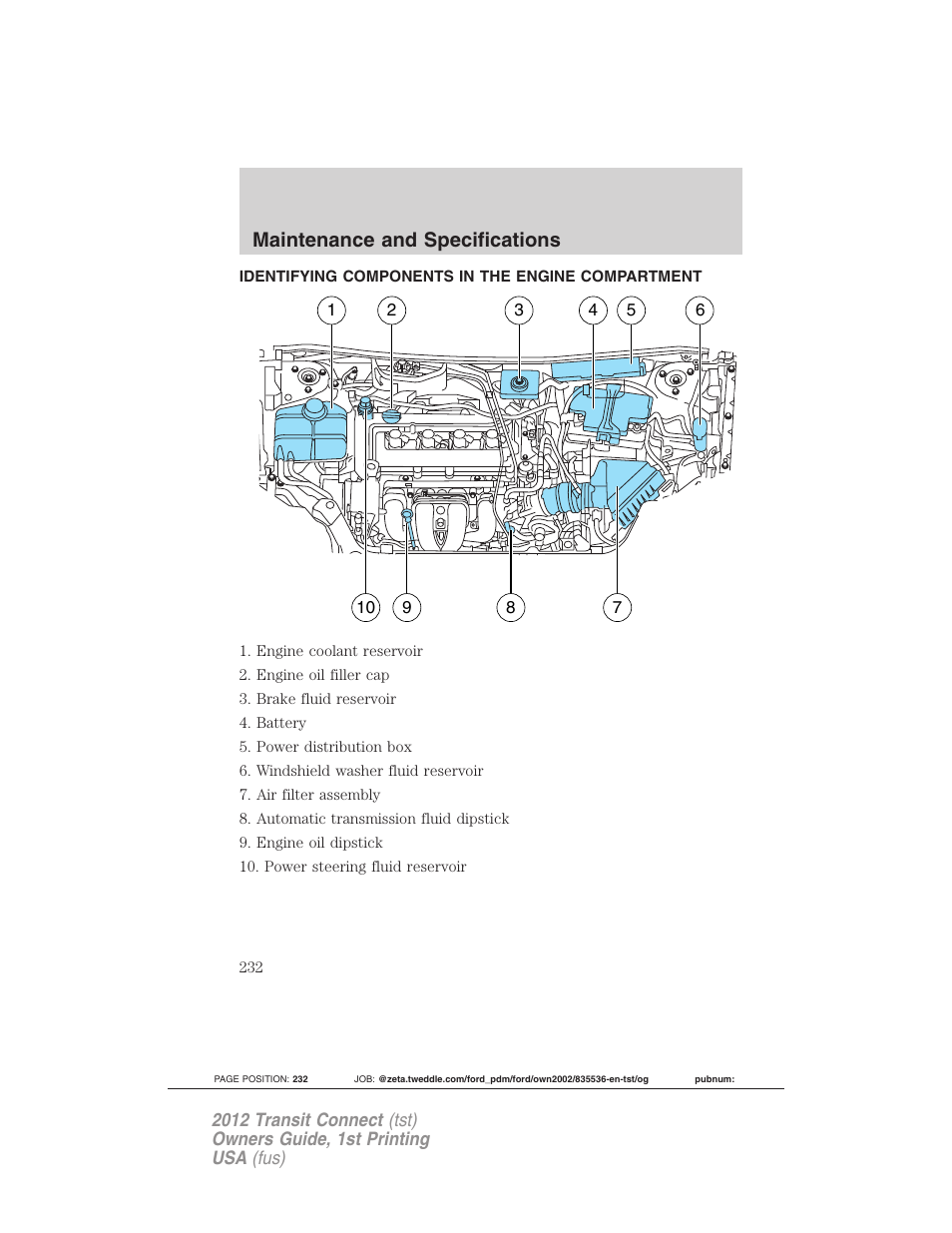 Identifying components in the engine compartment, Engine compartment, Maintenance and specifications | FORD 2012 Transit Connect User Manual | Page 232 / 299