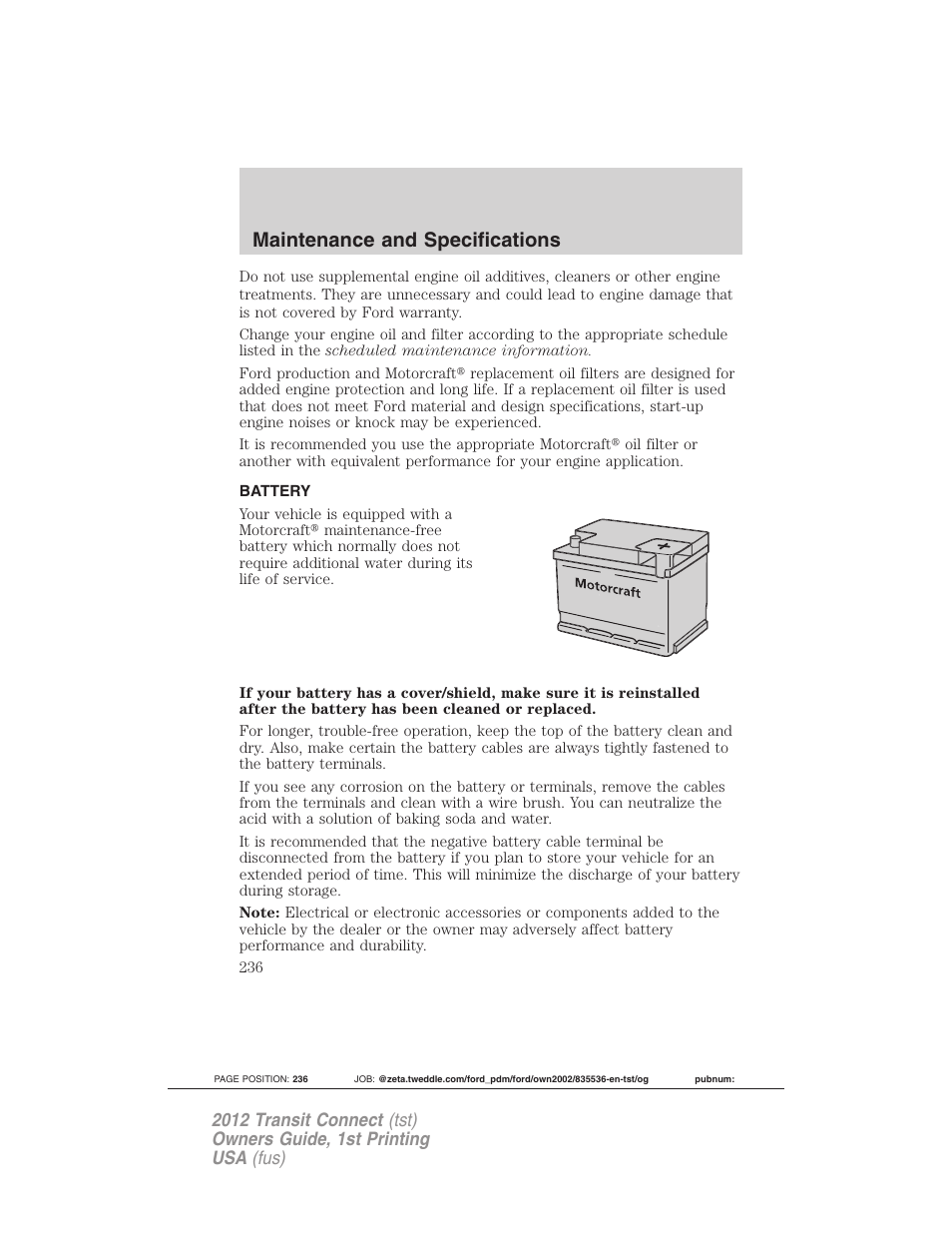 Battery, Maintenance and specifications | FORD 2012 Transit Connect User Manual | Page 236 / 299