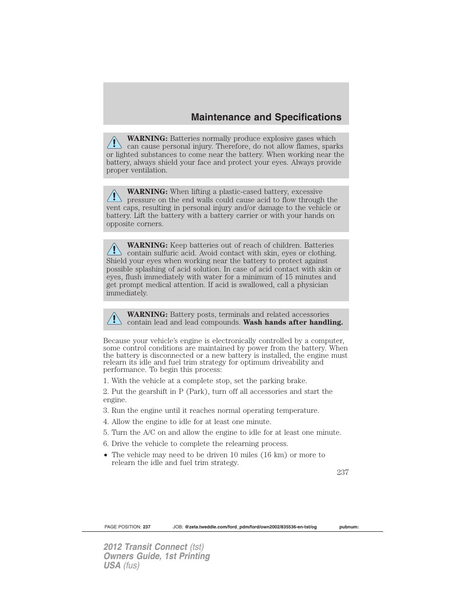 Maintenance and specifications | FORD 2012 Transit Connect User Manual | Page 237 / 299