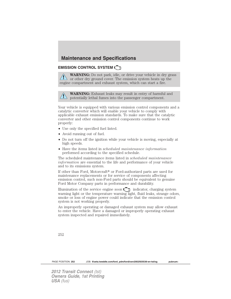 Emission control system, Maintenance and specifications | FORD 2012 Transit Connect User Manual | Page 252 / 299