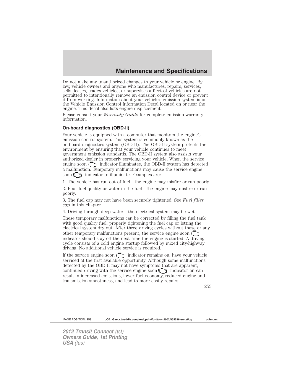 On-board diagnostics (obd-ii), Maintenance and specifications | FORD 2012 Transit Connect User Manual | Page 253 / 299
