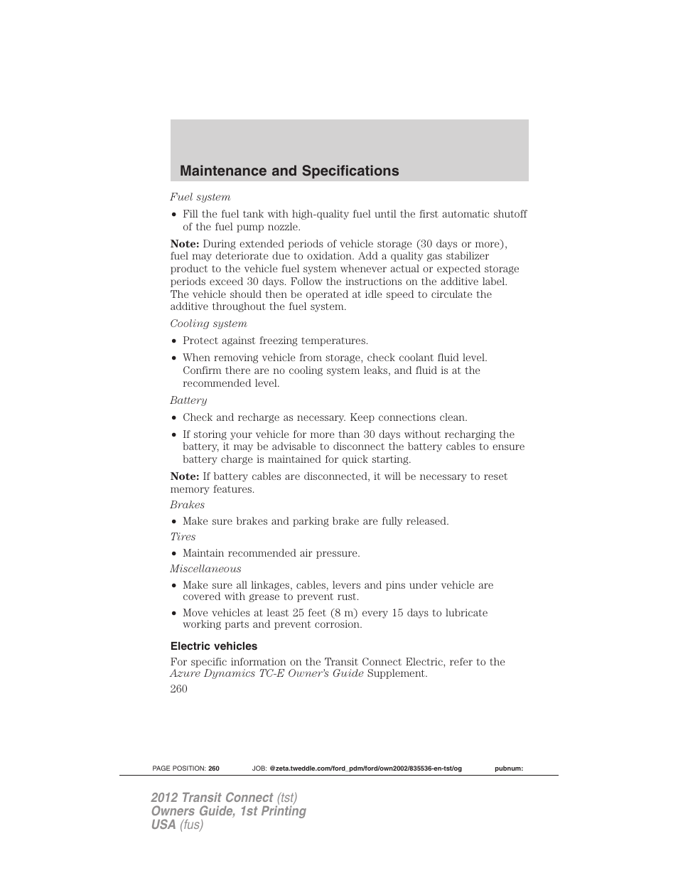 Electric vehicles, Maintenance and specifications | FORD 2012 Transit Connect User Manual | Page 260 / 299