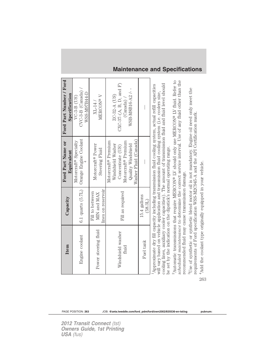 Maintenance and specifications | FORD 2012 Transit Connect User Manual | Page 263 / 299