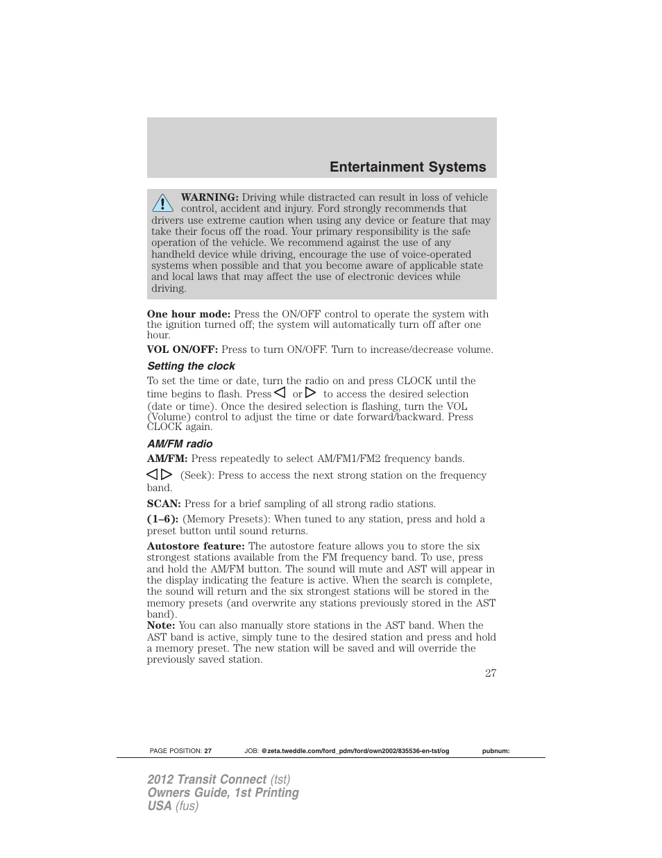 Setting the clock, Am/fm radio, Entertainment systems | FORD 2012 Transit Connect User Manual | Page 27 / 299