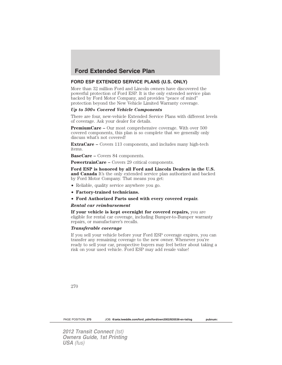 Ford extended service plan, Ford esp extended service plans (u.s. only) | FORD 2012 Transit Connect User Manual | Page 270 / 299
