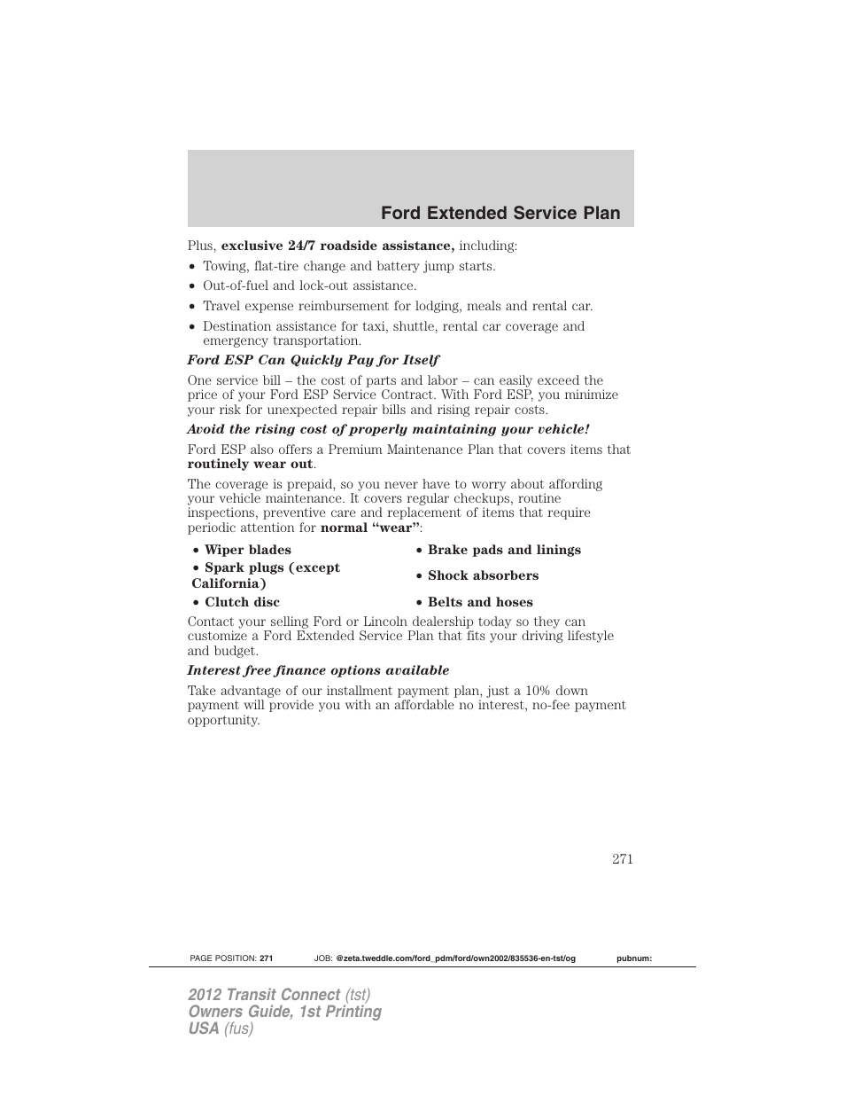 Ford extended service plan | FORD 2012 Transit Connect User Manual | Page 271 / 299