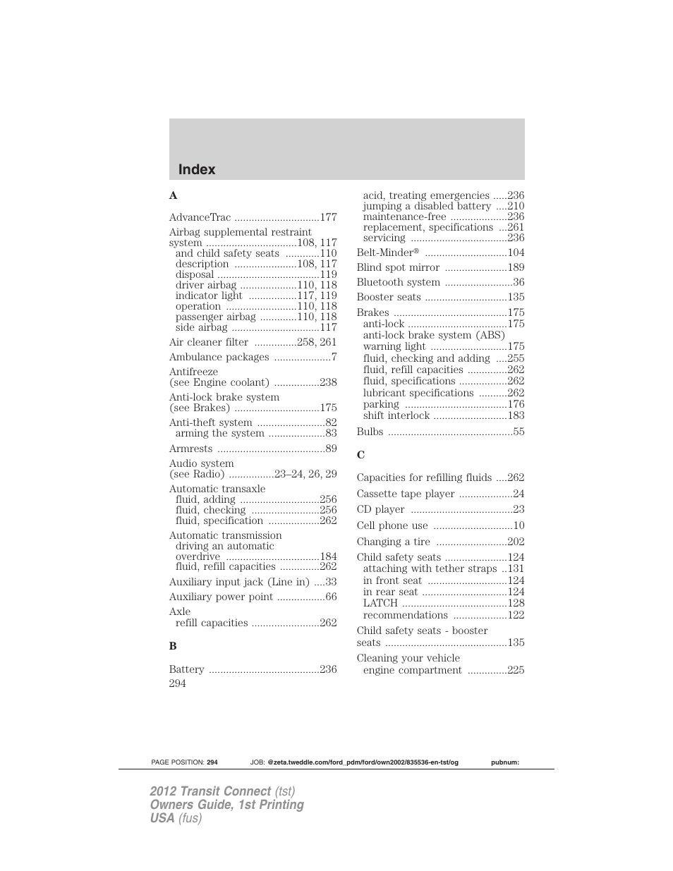 Index | FORD 2012 Transit Connect User Manual | Page 294 / 299