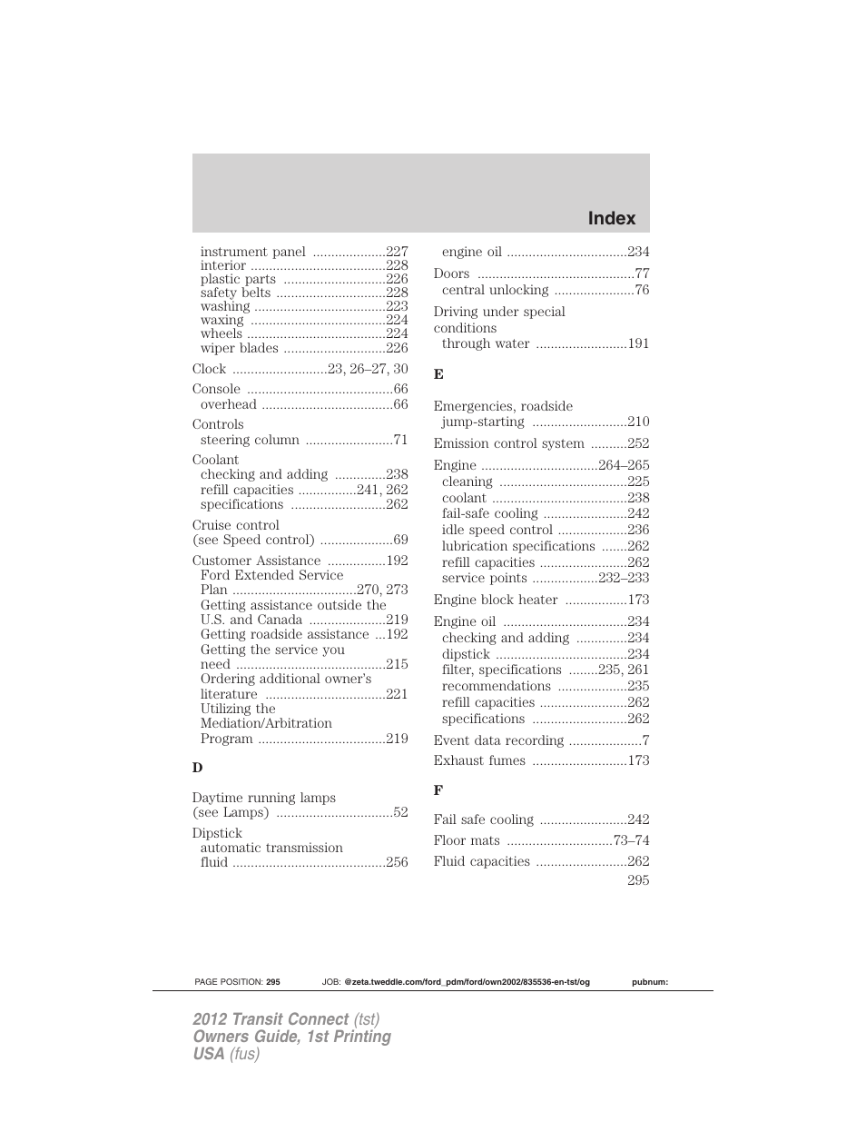 Index | FORD 2012 Transit Connect User Manual | Page 295 / 299