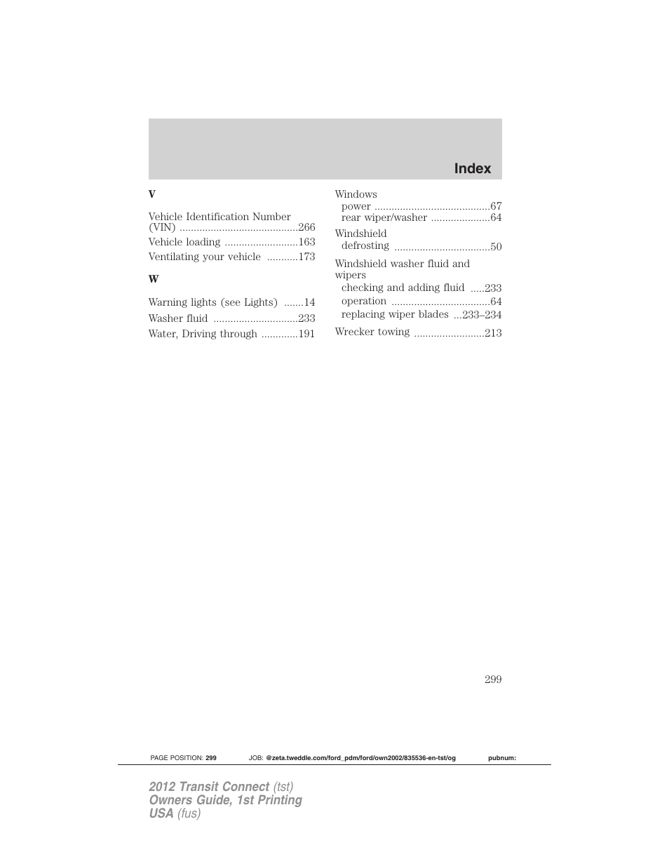 Index | FORD 2012 Transit Connect User Manual | Page 299 / 299