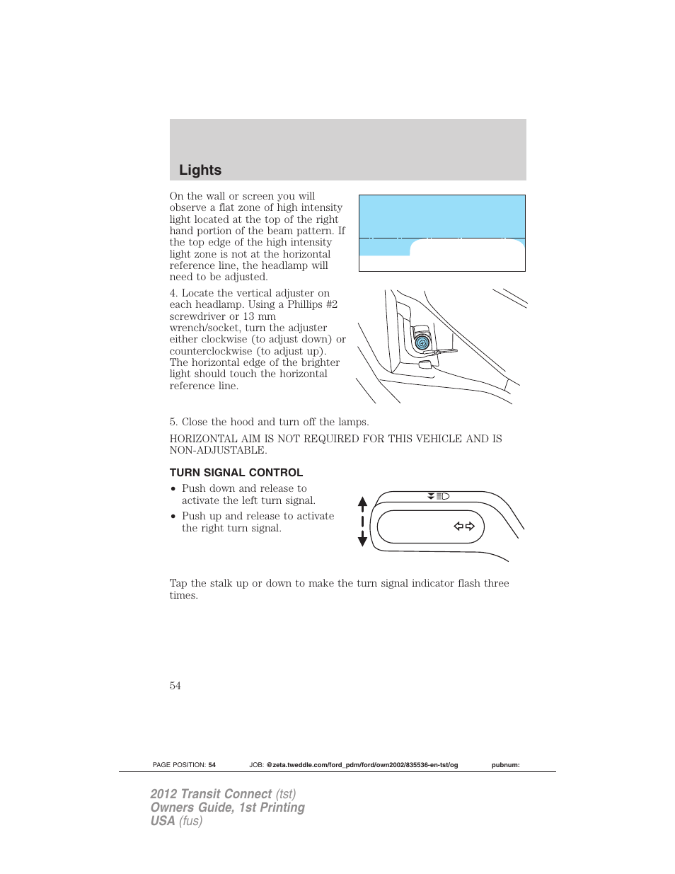 Turn signal control, Lights | FORD 2012 Transit Connect User Manual | Page 54 / 299