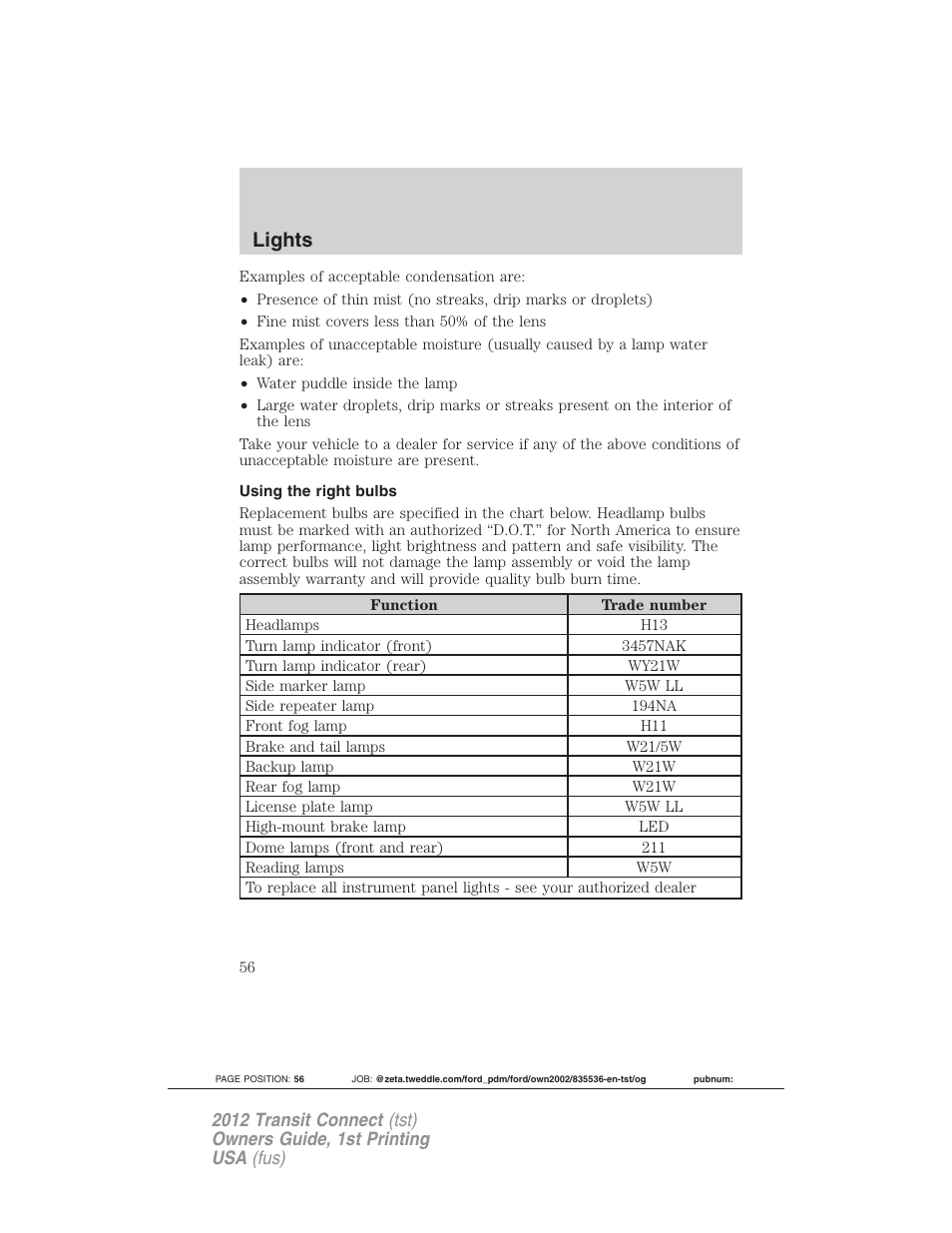 Using the right bulbs, Lights | FORD 2012 Transit Connect User Manual | Page 56 / 299