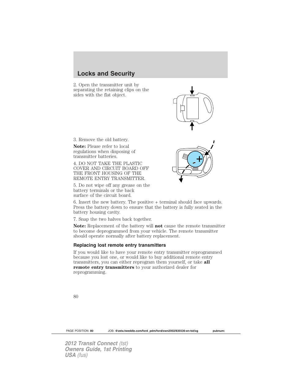 Replacing lost remote entry transmitters, Locks and security | FORD 2012 Transit Connect User Manual | Page 80 / 299