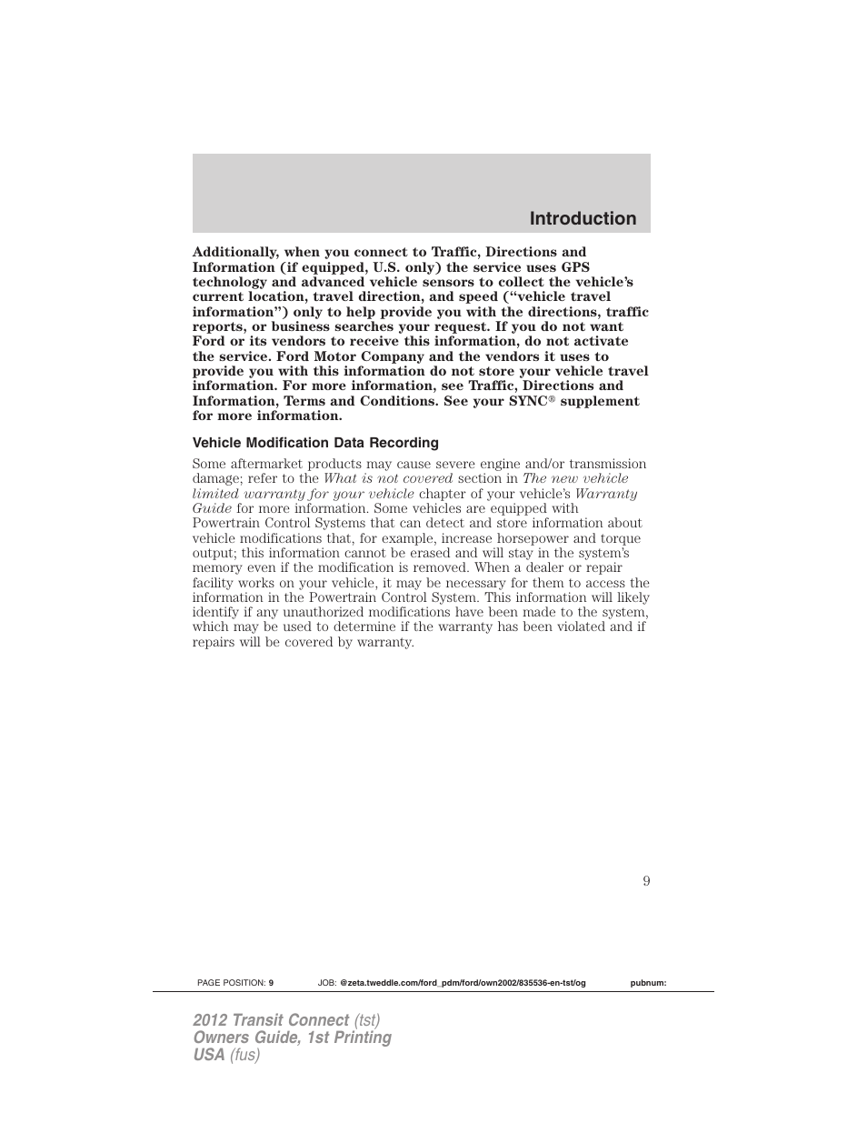 Vehicle modification data recording, Introduction | FORD 2012 Transit Connect User Manual | Page 9 / 299