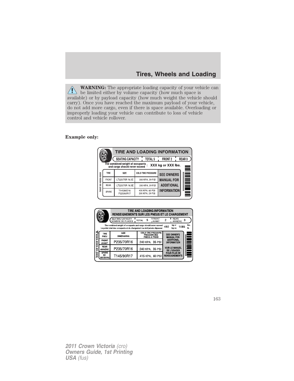 Tires, wheels and loading | FORD 2011 Crown Victoria v.1 User Manual | Page 163 / 331