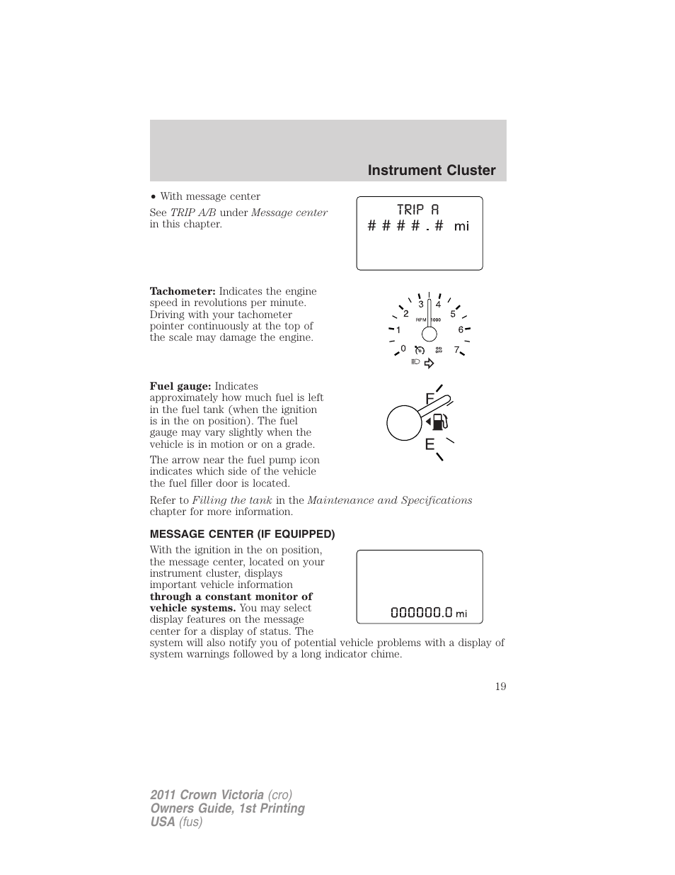 Message center (if equipped), Message center, Instrument cluster | FORD 2011 Crown Victoria v.1 User Manual | Page 19 / 331