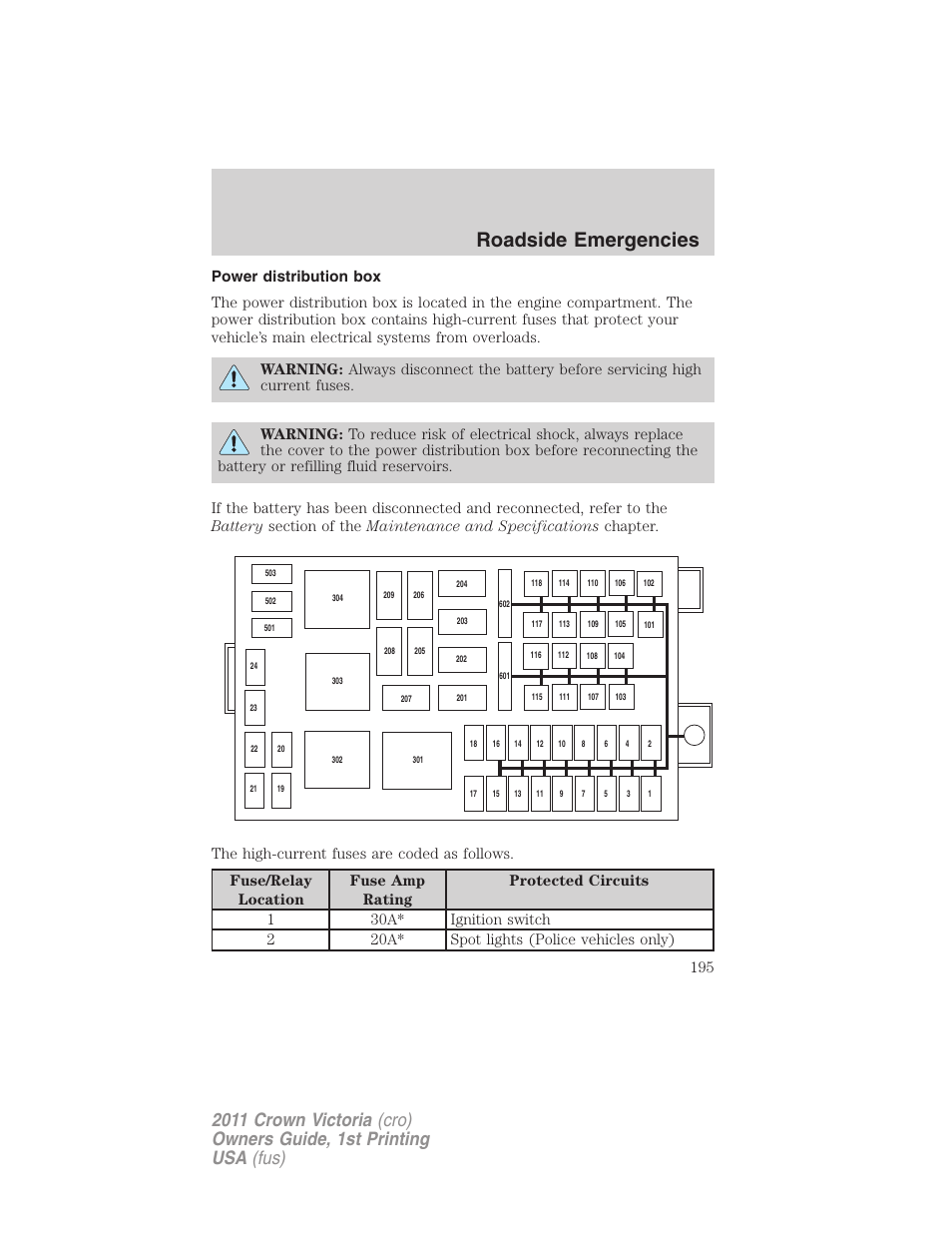 Power distribution box, Roadside emergencies | FORD 2011 Crown Victoria v.1 User Manual | Page 195 / 331