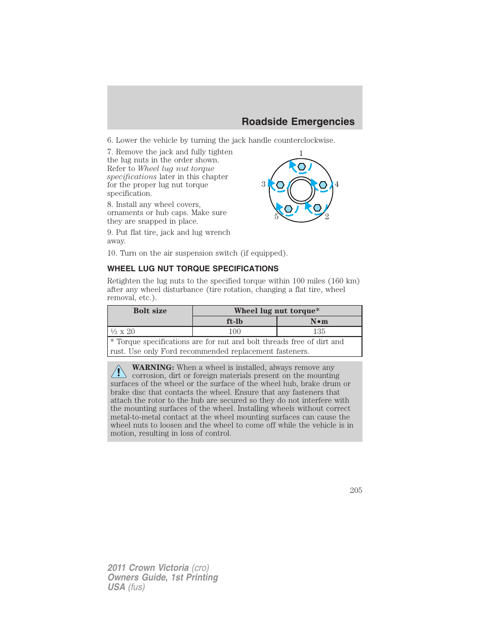 Wheel lug nut torque specifications, Wheel lug nut torque, Roadside emergencies | FORD 2011 Crown Victoria v.1 User Manual | Page 205 / 331