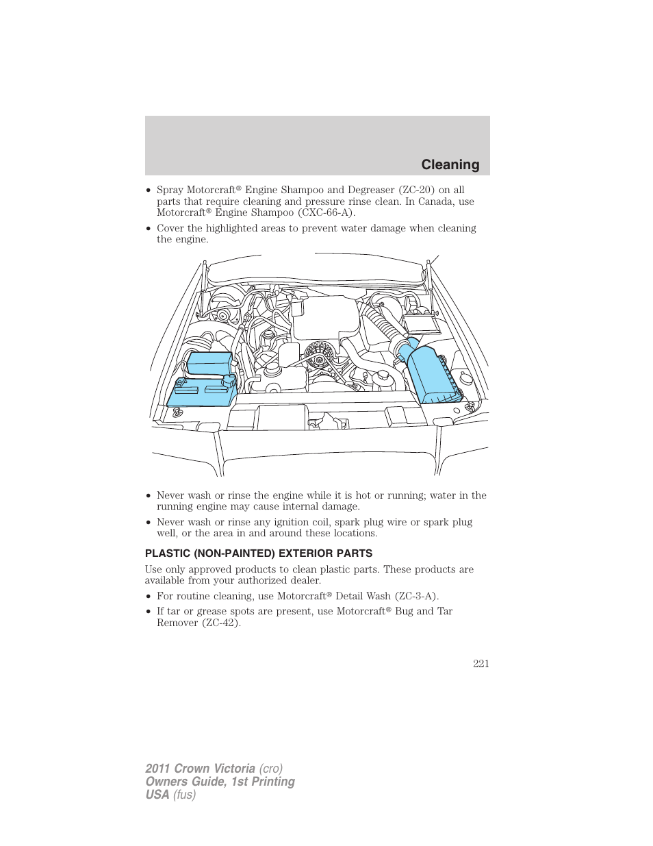 Plastic (non-painted) exterior parts, Cleaning | FORD 2011 Crown Victoria v.1 User Manual | Page 221 / 331