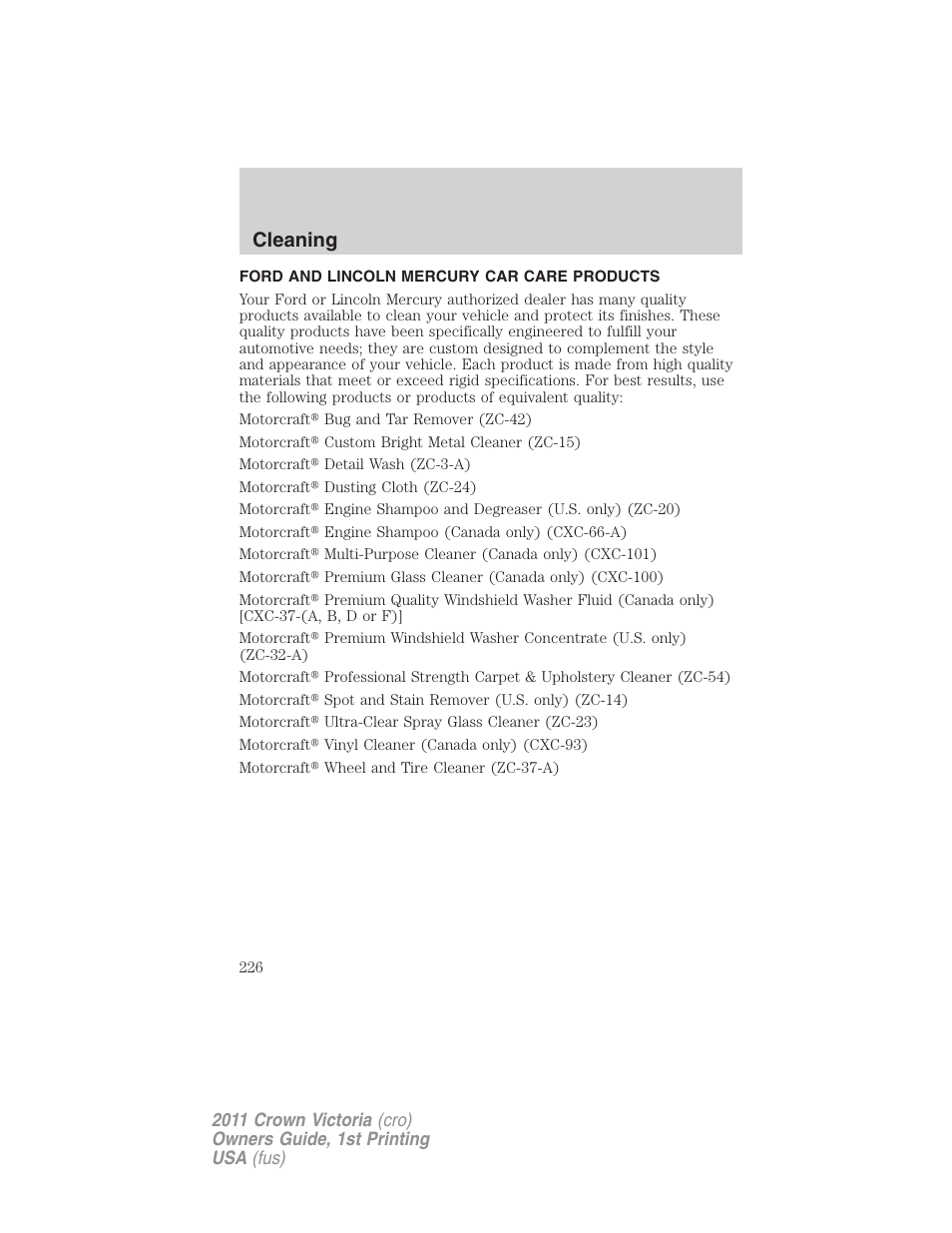 Ford and lincoln mercury car care products, Cleaning | FORD 2011 Crown Victoria v.1 User Manual | Page 226 / 331