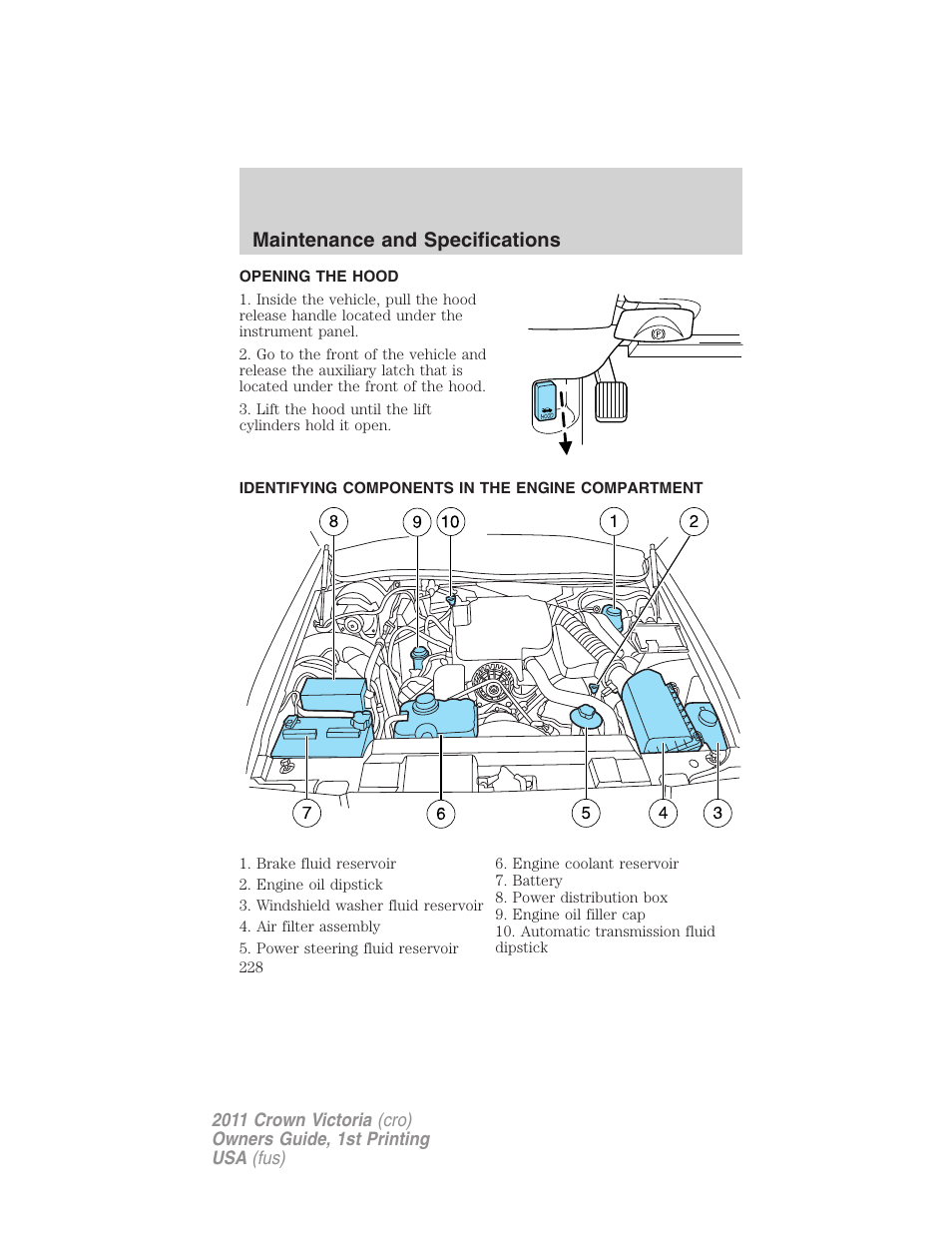 Opening the hood, Identifying components in the engine compartment, Engine compartment | Maintenance and specifications | FORD 2011 Crown Victoria v.1 User Manual | Page 228 / 331