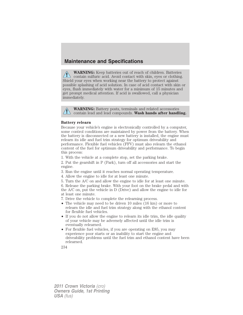 Maintenance and specifications | FORD 2011 Crown Victoria v.1 User Manual | Page 234 / 331