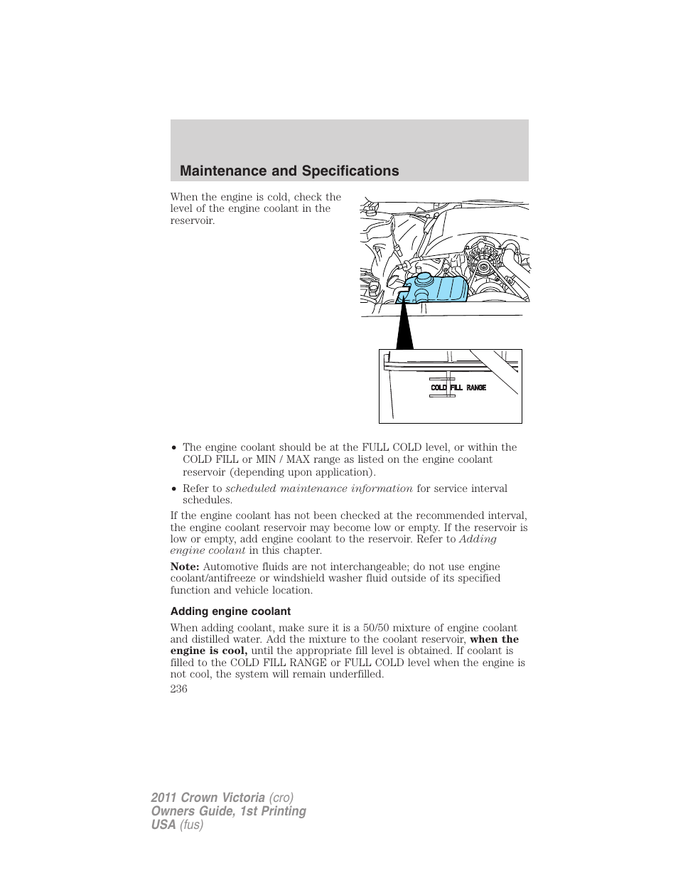 Adding engine coolant, Maintenance and specifications | FORD 2011 Crown Victoria v.1 User Manual | Page 236 / 331