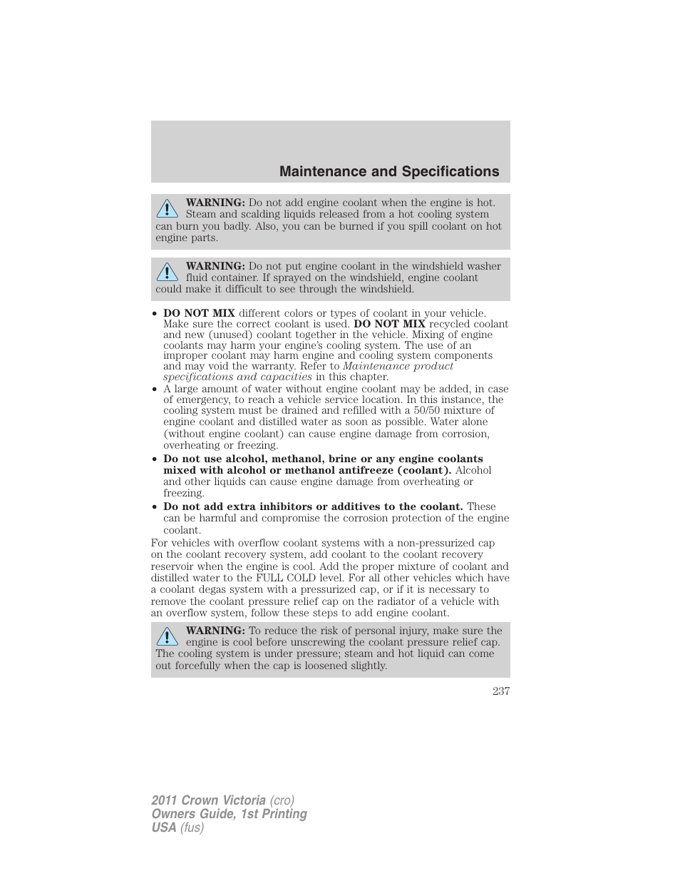 Maintenance and specifications | FORD 2011 Crown Victoria v.1 User Manual | Page 237 / 331