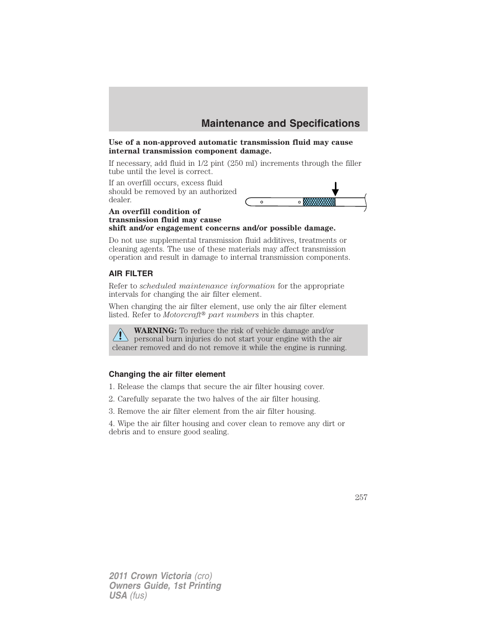 Air filter, Changing the air filter element, Air filter(s) | Maintenance and specifications | FORD 2011 Crown Victoria v.1 User Manual | Page 257 / 331