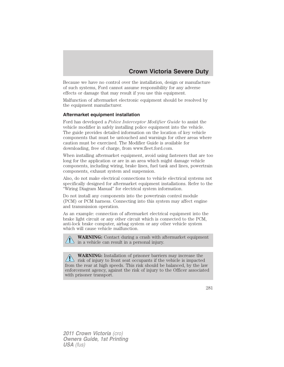 Aftermarket equipment installation, Crown victoria severe duty | FORD 2011 Crown Victoria v.1 User Manual | Page 281 / 331