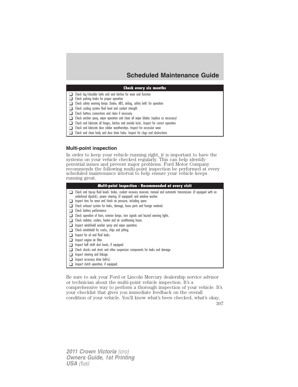 Multi-point inspection, Scheduled maintenance guide | FORD 2011 Crown Victoria v.1 User Manual | Page 307 / 331