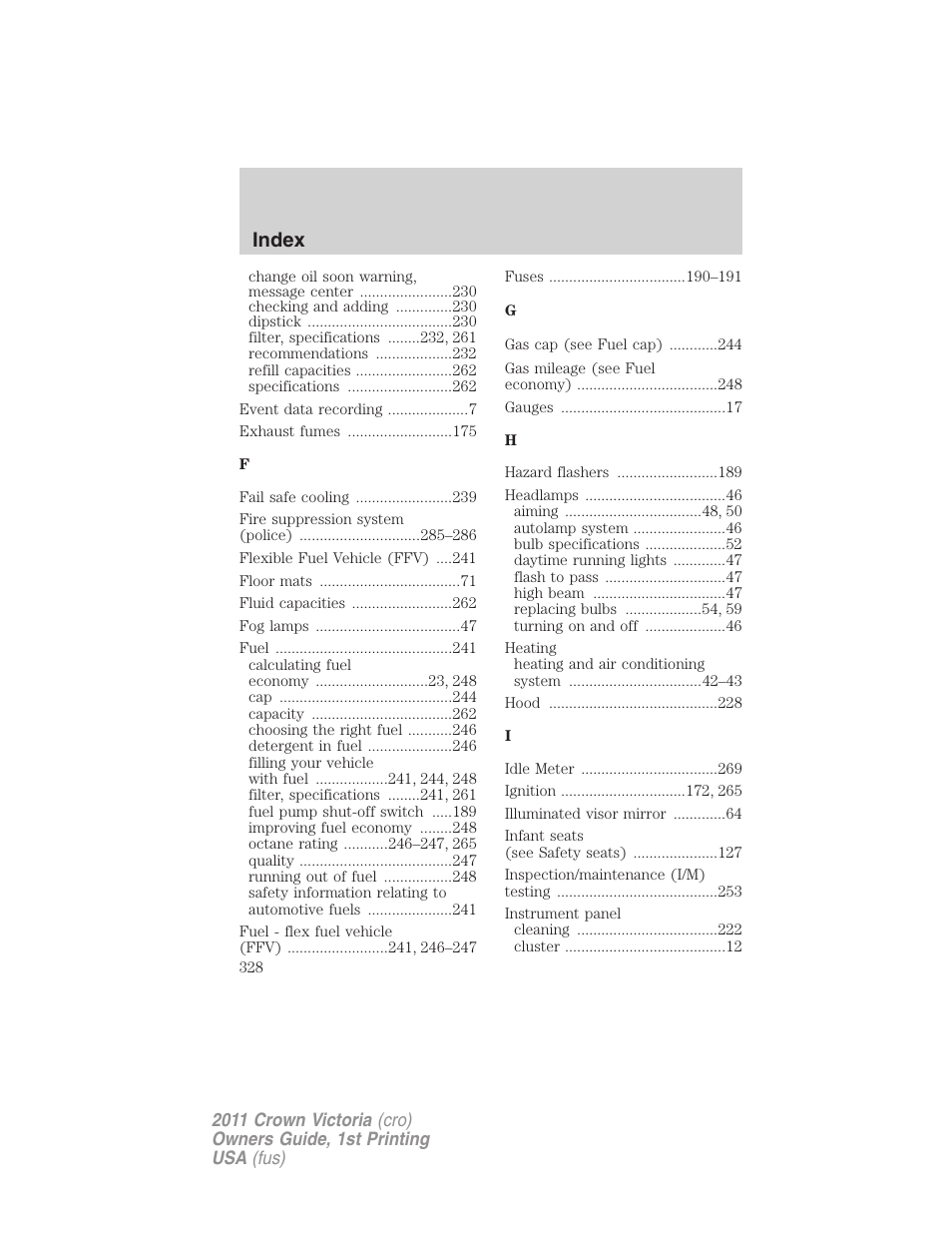 Index | FORD 2011 Crown Victoria v.1 User Manual | Page 328 / 331