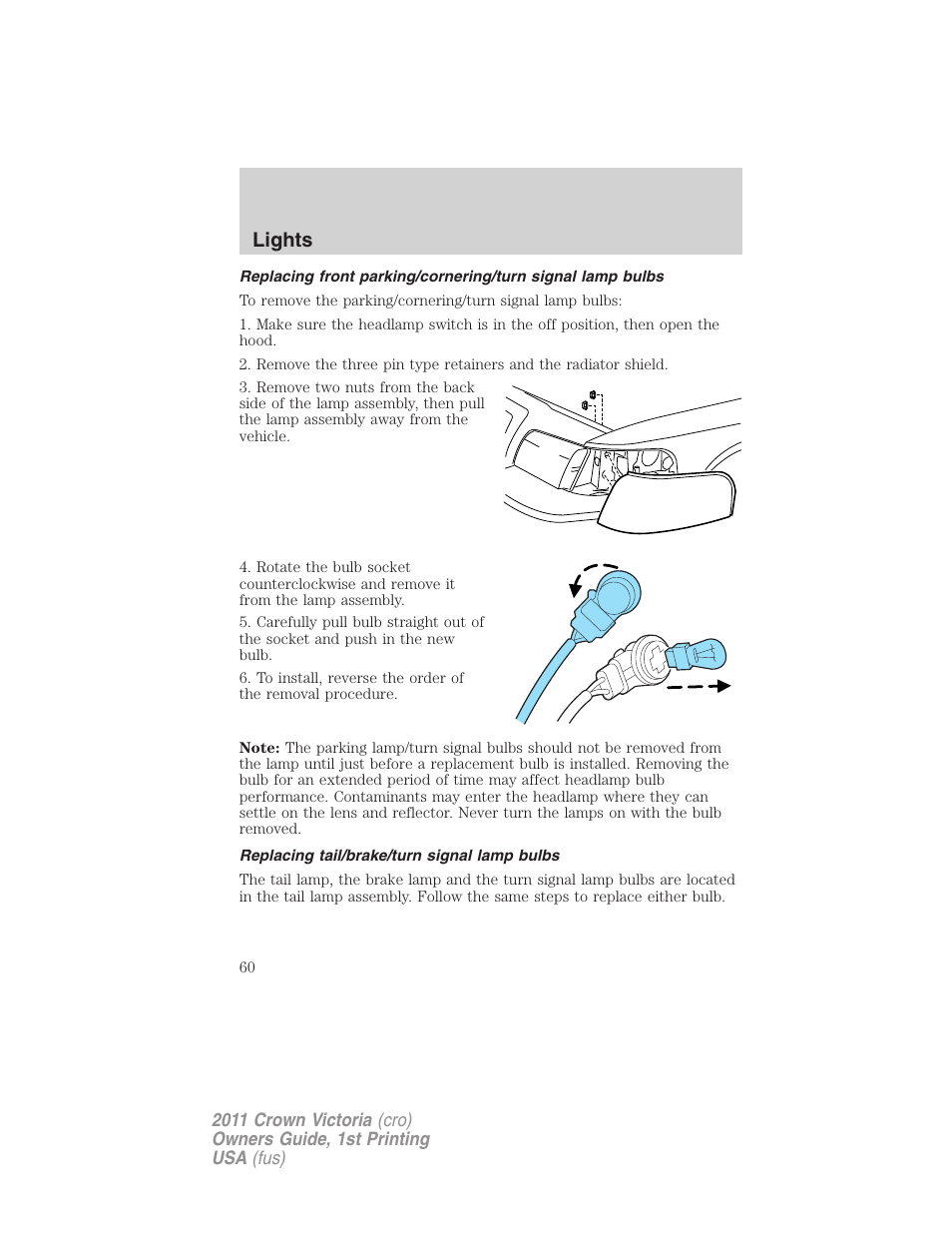 Replacing tail/brake/turn signal lamp bulbs, Lights | FORD 2011 Crown Victoria v.1 User Manual | Page 60 / 331