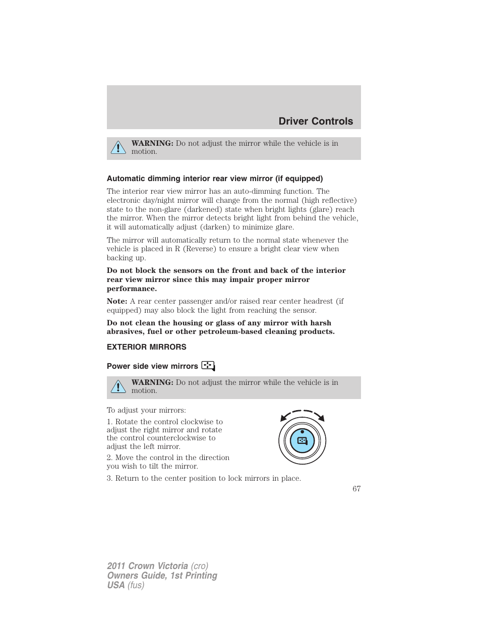 Exterior mirrors, Power side view mirrors, Driver controls | FORD 2011 Crown Victoria v.1 User Manual | Page 67 / 331