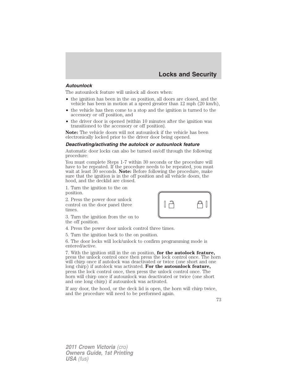 Autounlock, Locks and security | FORD 2011 Crown Victoria v.1 User Manual | Page 73 / 331