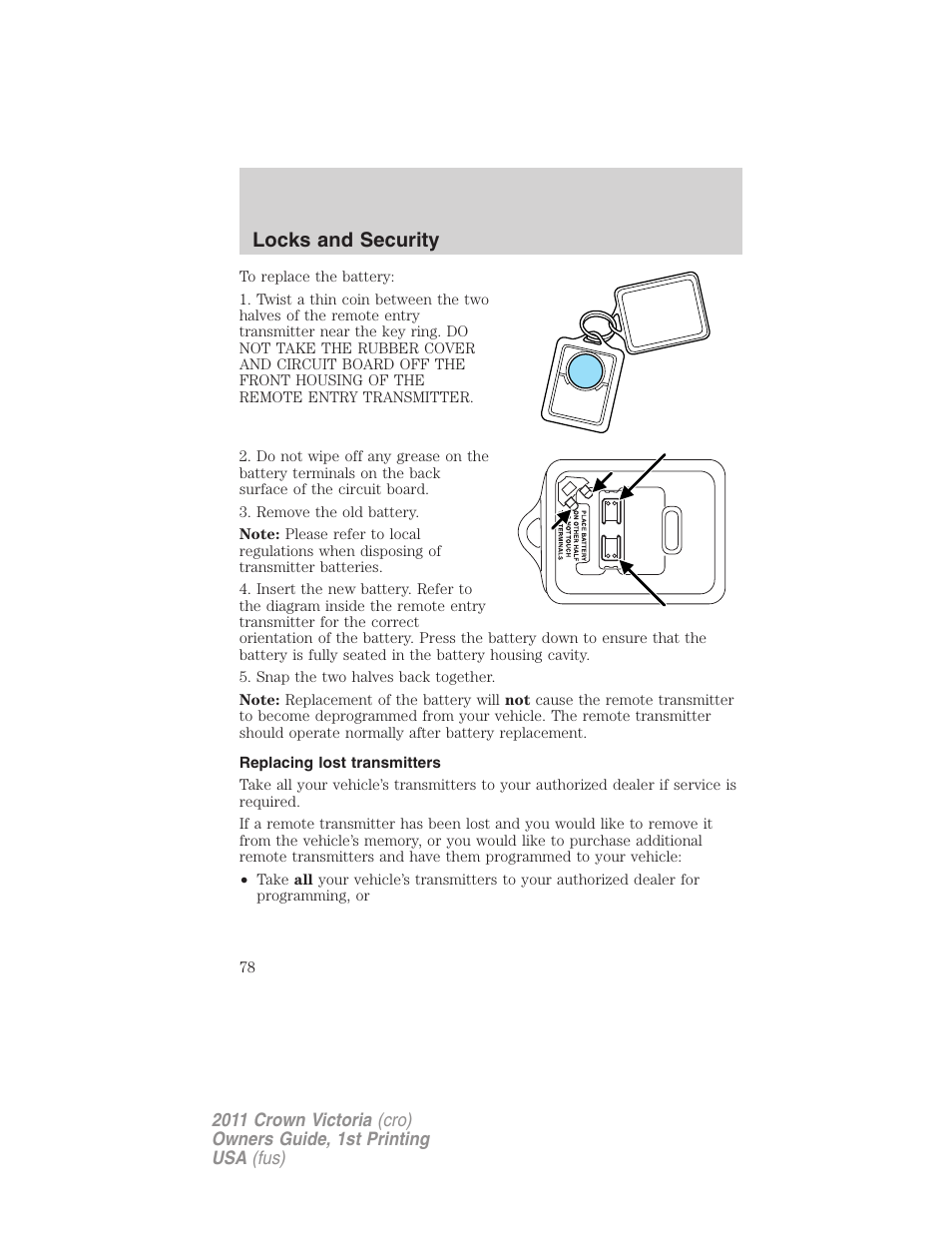 Replacing lost transmitters, Locks and security | FORD 2011 Crown Victoria v.1 User Manual | Page 78 / 331