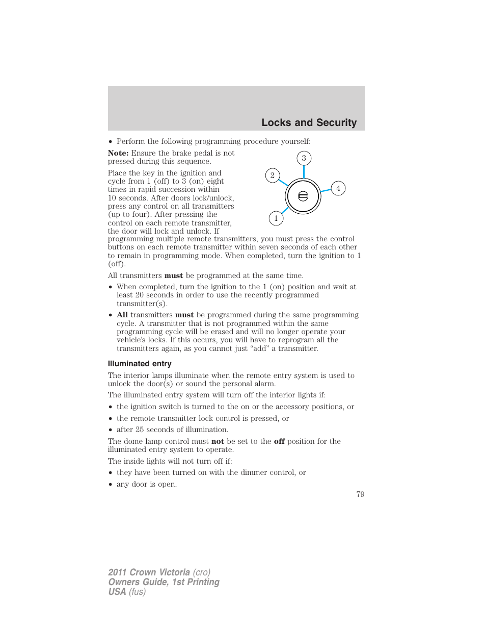 Illuminated entry, Locks and security | FORD 2011 Crown Victoria v.1 User Manual | Page 79 / 331