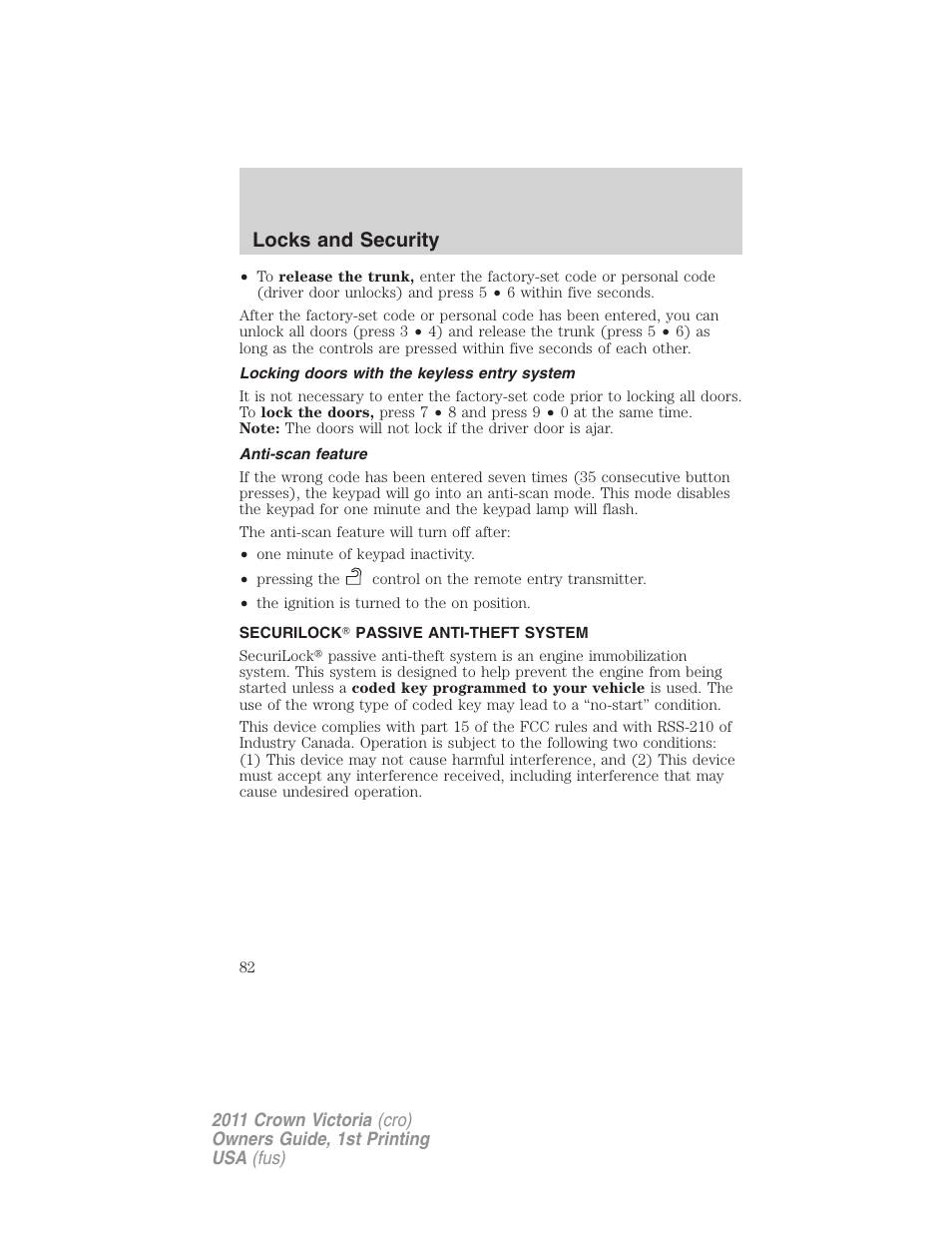 Locking doors with the keyless entry system, Anti-scan feature, Securilock passive anti-theft system | Locks and security | FORD 2011 Crown Victoria v.1 User Manual | Page 82 / 331