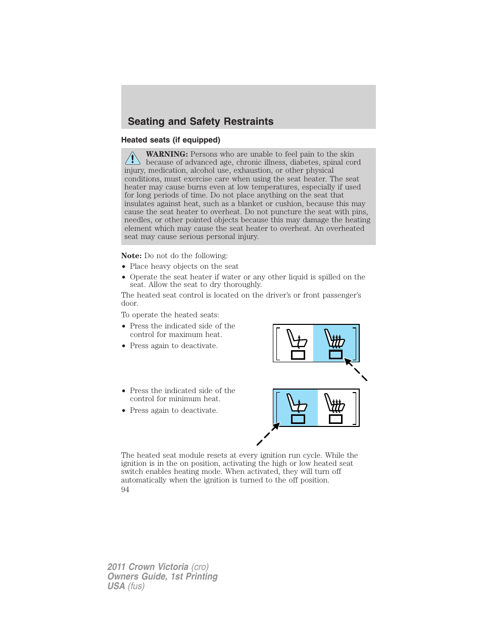 Heated seats (if equipped), Seating and safety restraints | FORD 2011 Crown Victoria v.1 User Manual | Page 94 / 331