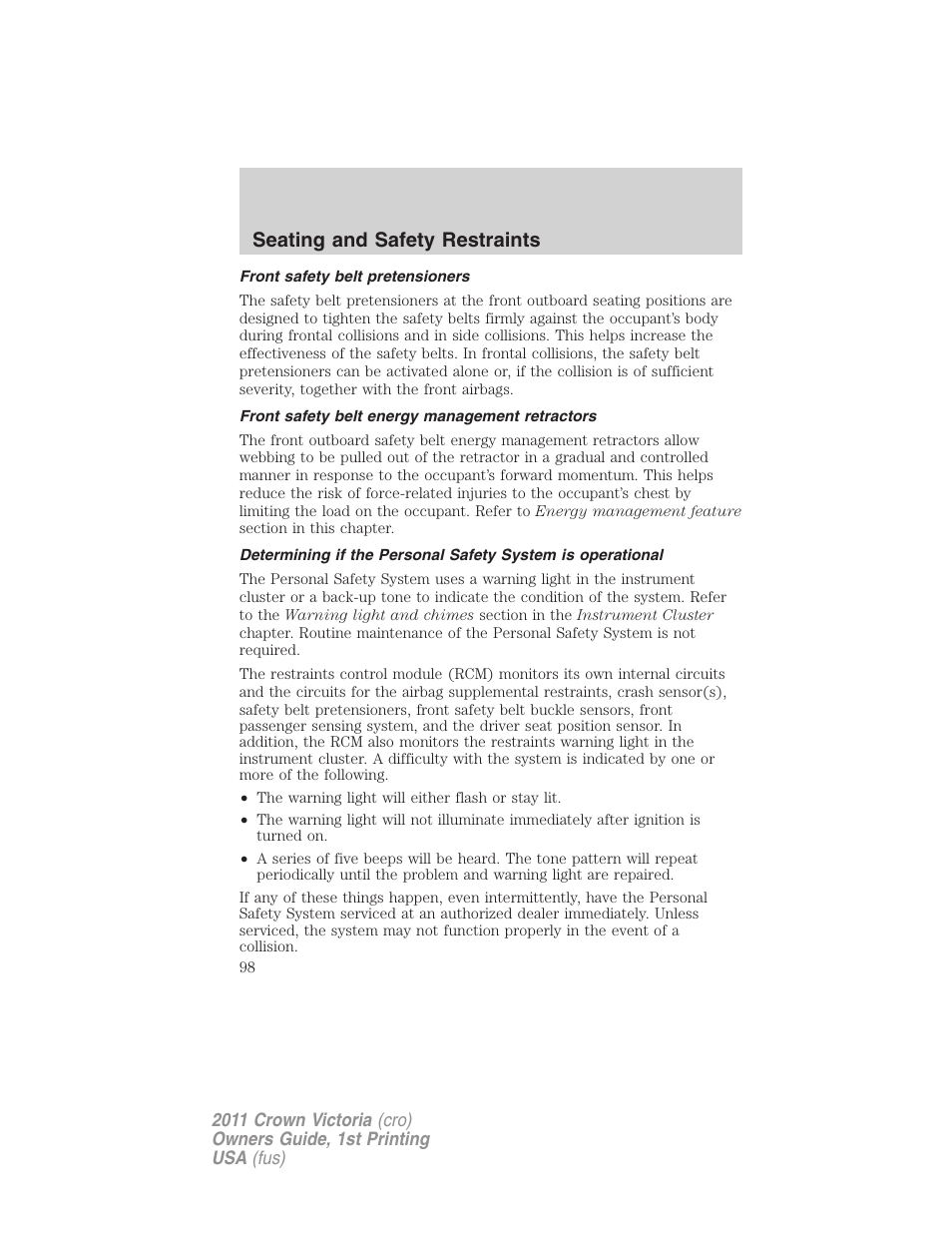 Front safety belt pretensioners, Front safety belt energy management retractors, Seating and safety restraints | FORD 2011 Crown Victoria v.1 User Manual | Page 98 / 331