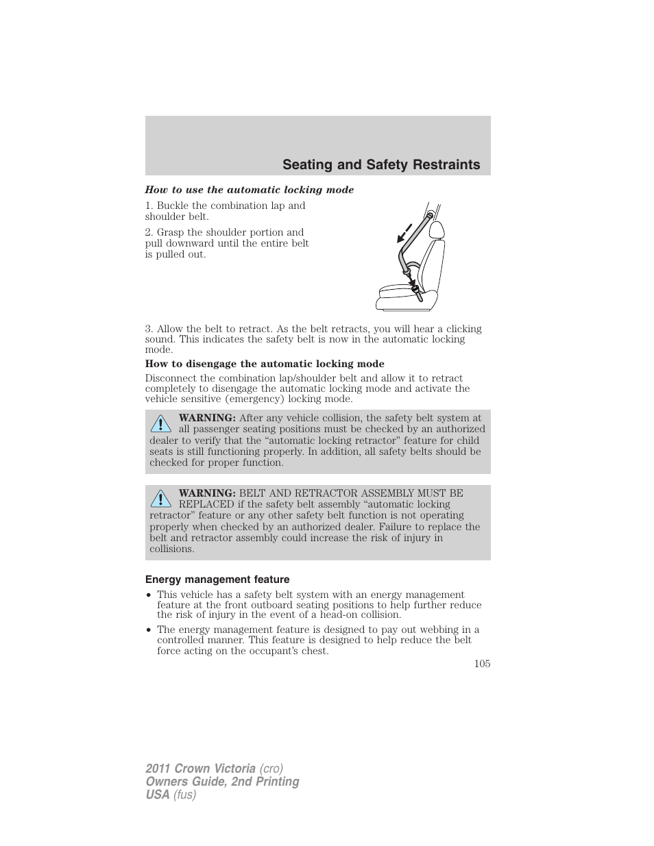 Energy management feature, Seating and safety restraints | FORD 2011 Crown Victoria v.2 User Manual | Page 105 / 331