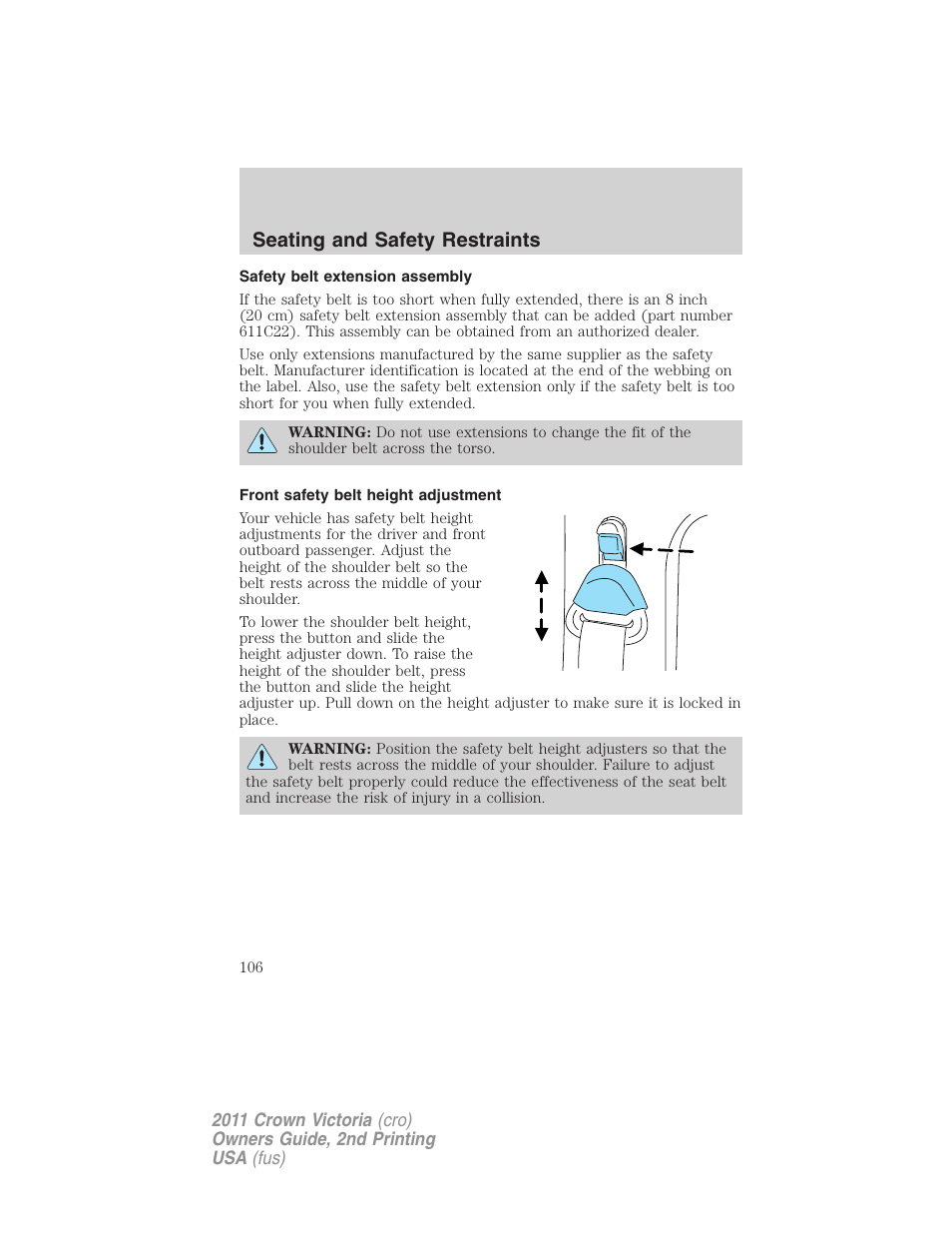 Safety belt extension assembly, Front safety belt height adjustment, Seating and safety restraints | FORD 2011 Crown Victoria v.2 User Manual | Page 106 / 331