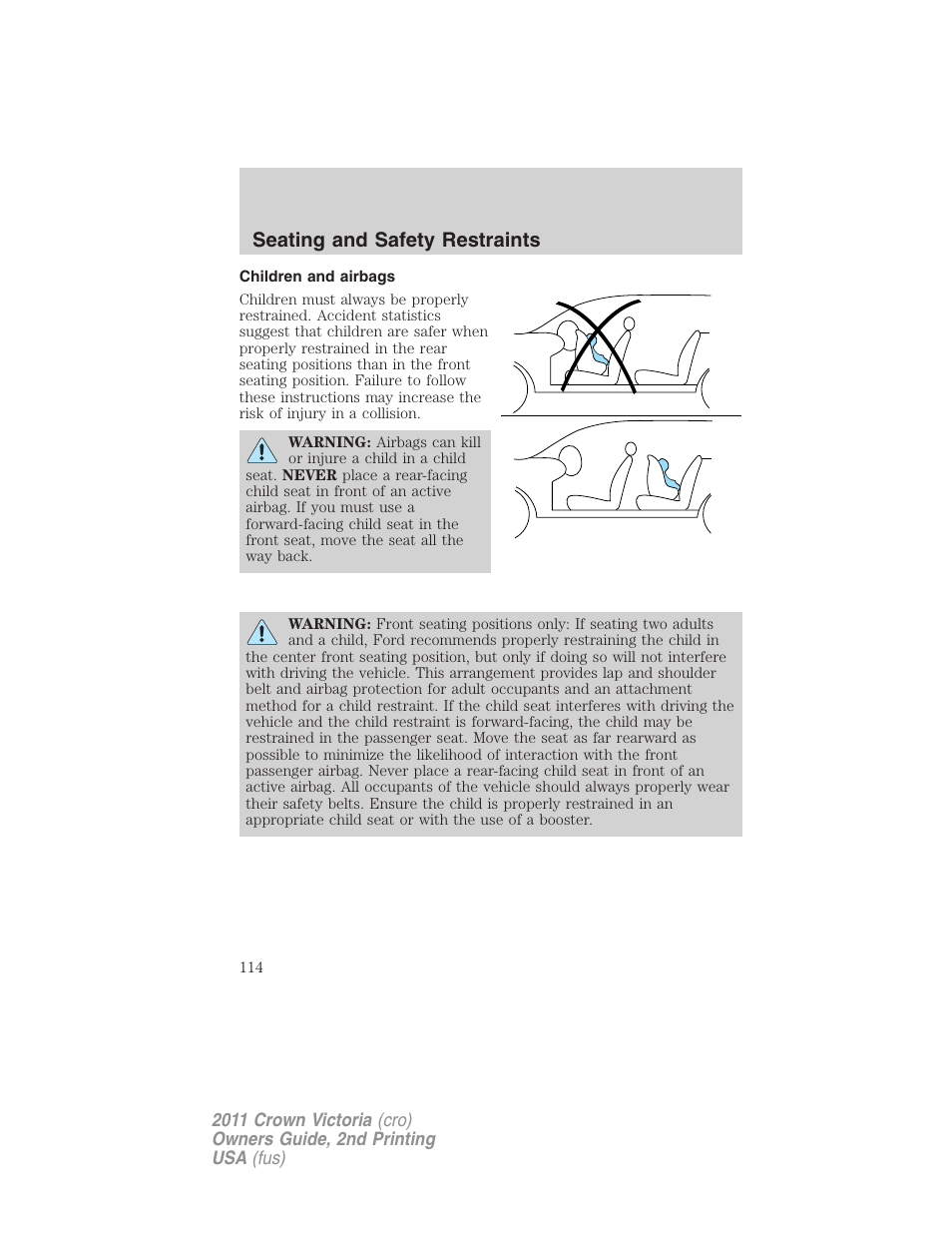 Children and airbags, Seating and safety restraints | FORD 2011 Crown Victoria v.2 User Manual | Page 114 / 331