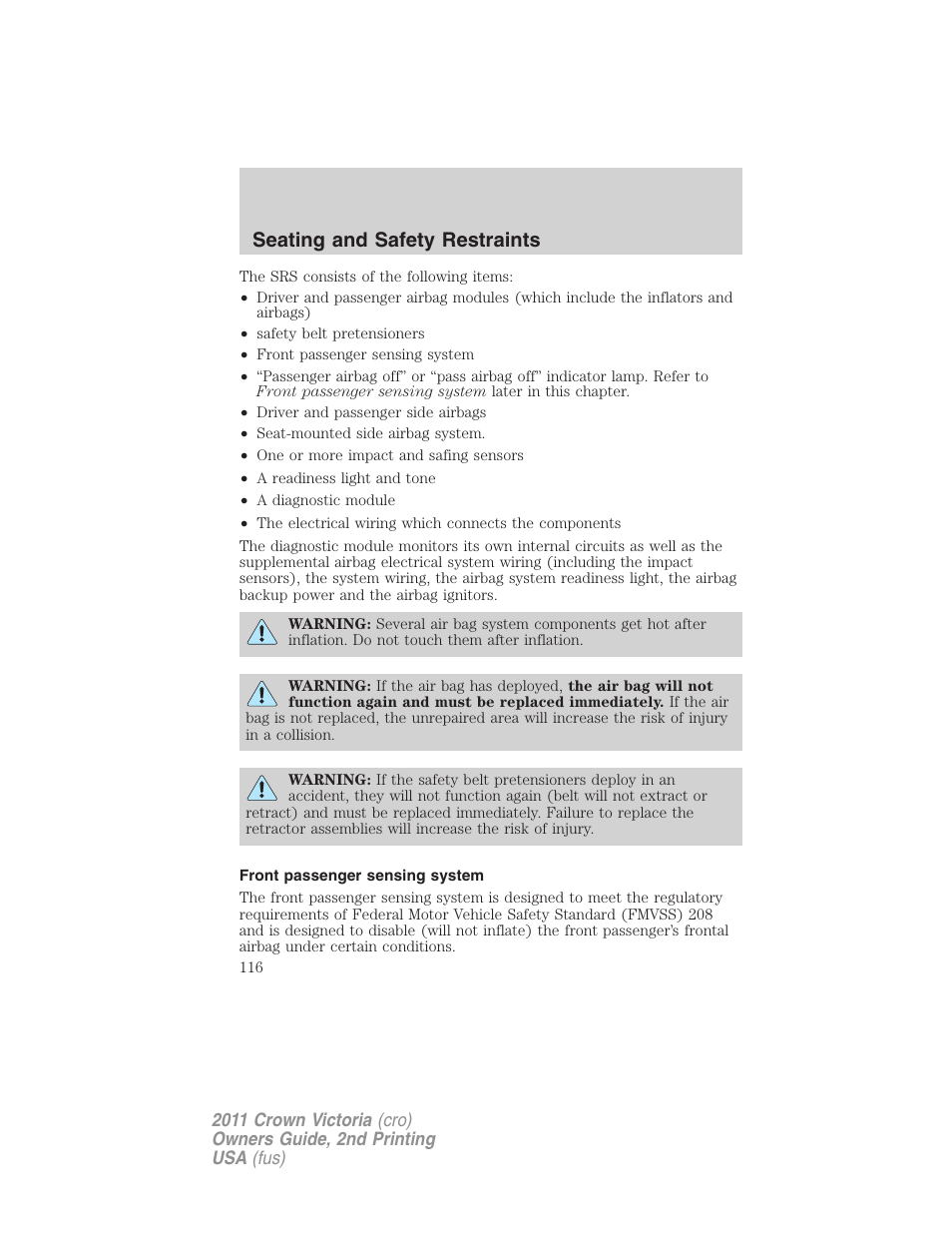 Front passenger sensing system, Seating and safety restraints | FORD 2011 Crown Victoria v.2 User Manual | Page 116 / 331