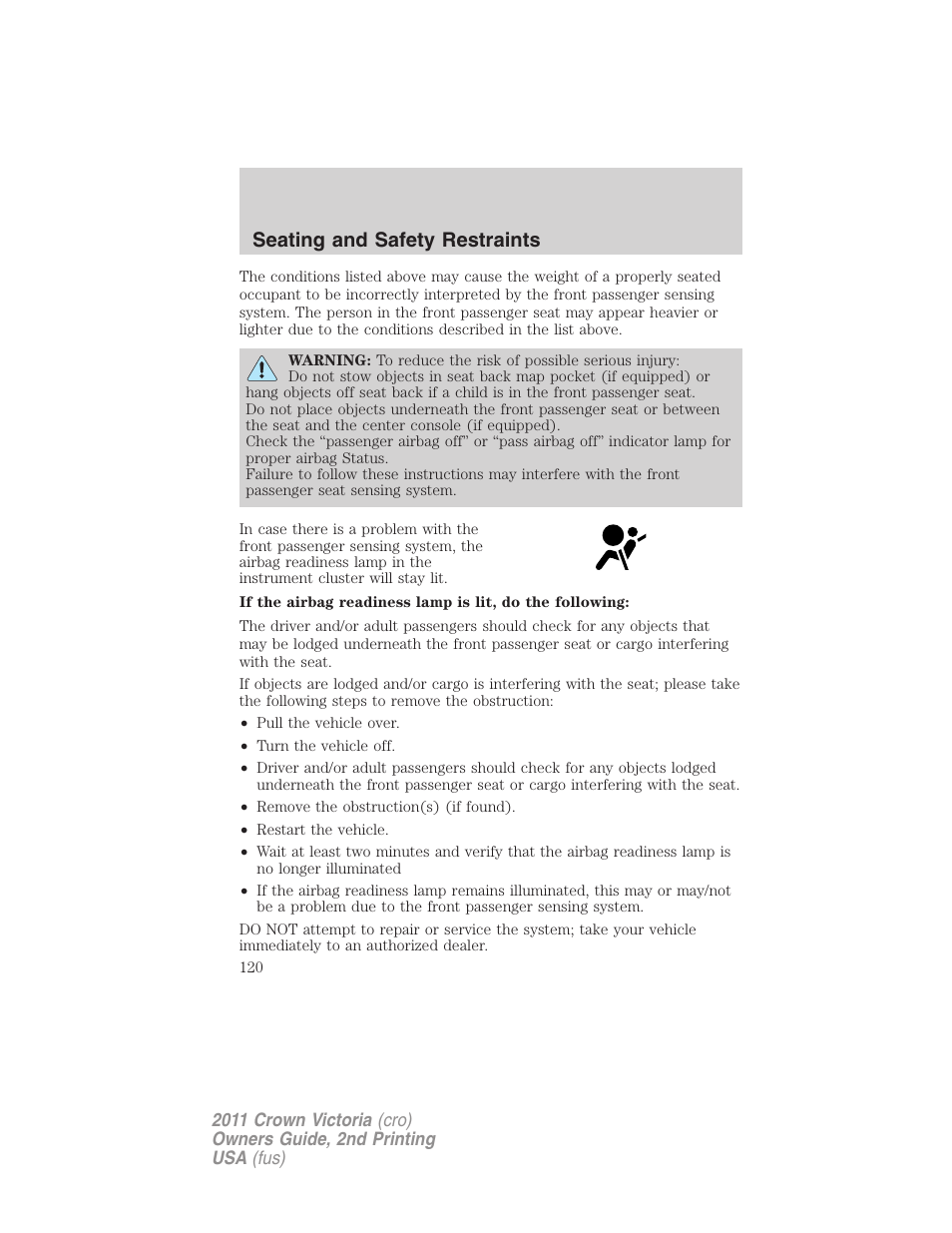 Seating and safety restraints | FORD 2011 Crown Victoria v.2 User Manual | Page 120 / 331