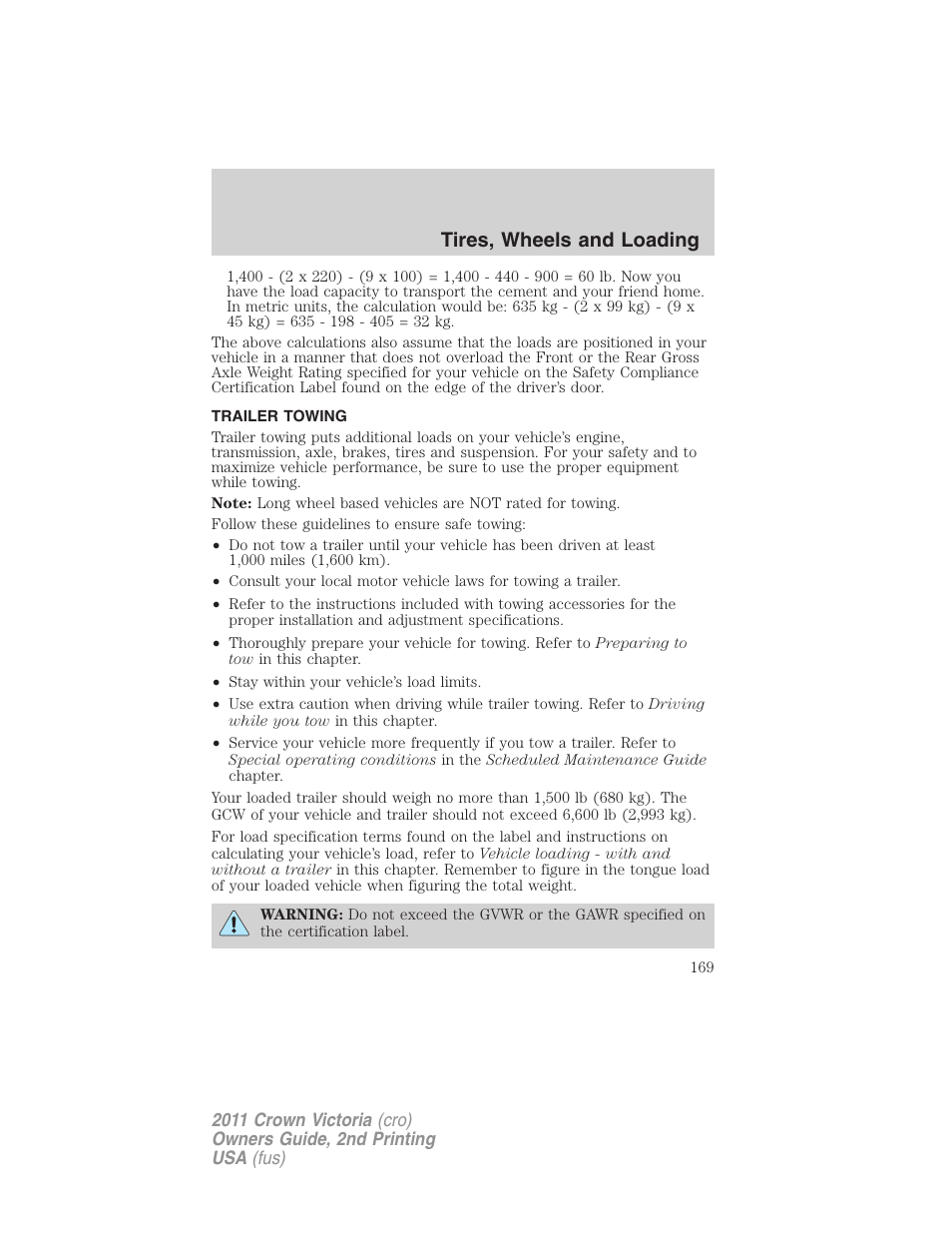 Trailer towing, Tires, wheels and loading | FORD 2011 Crown Victoria v.2 User Manual | Page 169 / 331